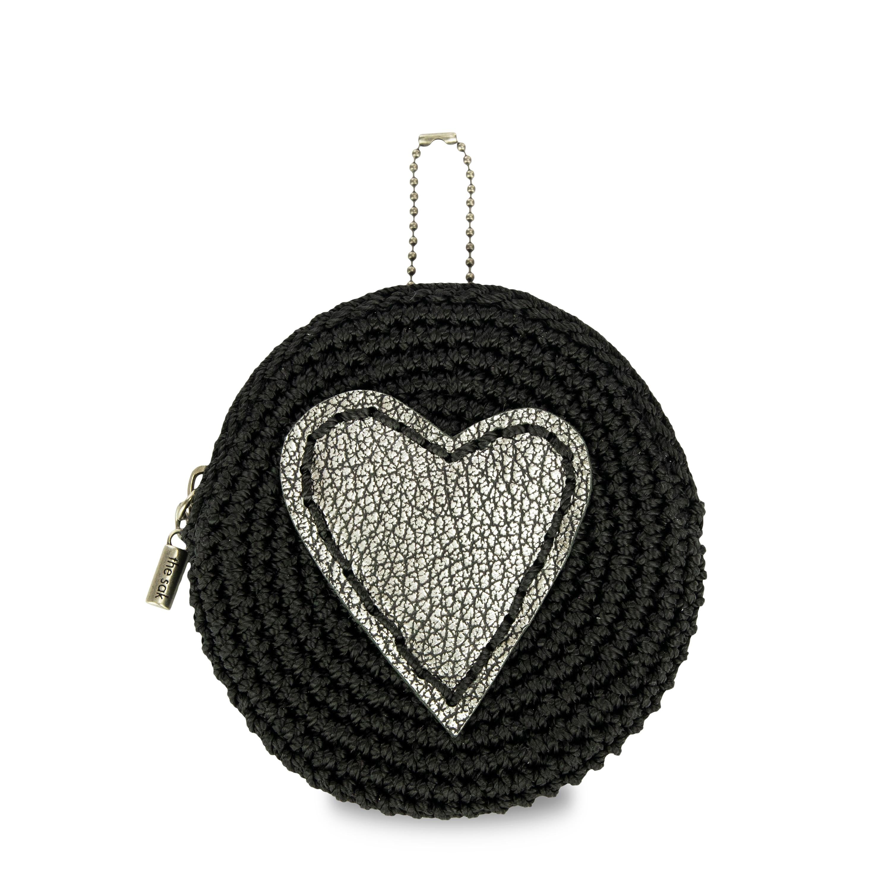 Handmade Crochet Circle Coin Pouch - Black & Silver Heart Design for Women | Perfect for Cash, Coins, Jewelry & Small Essentials | Great Gift for Travel, Shopping & Everyday Use