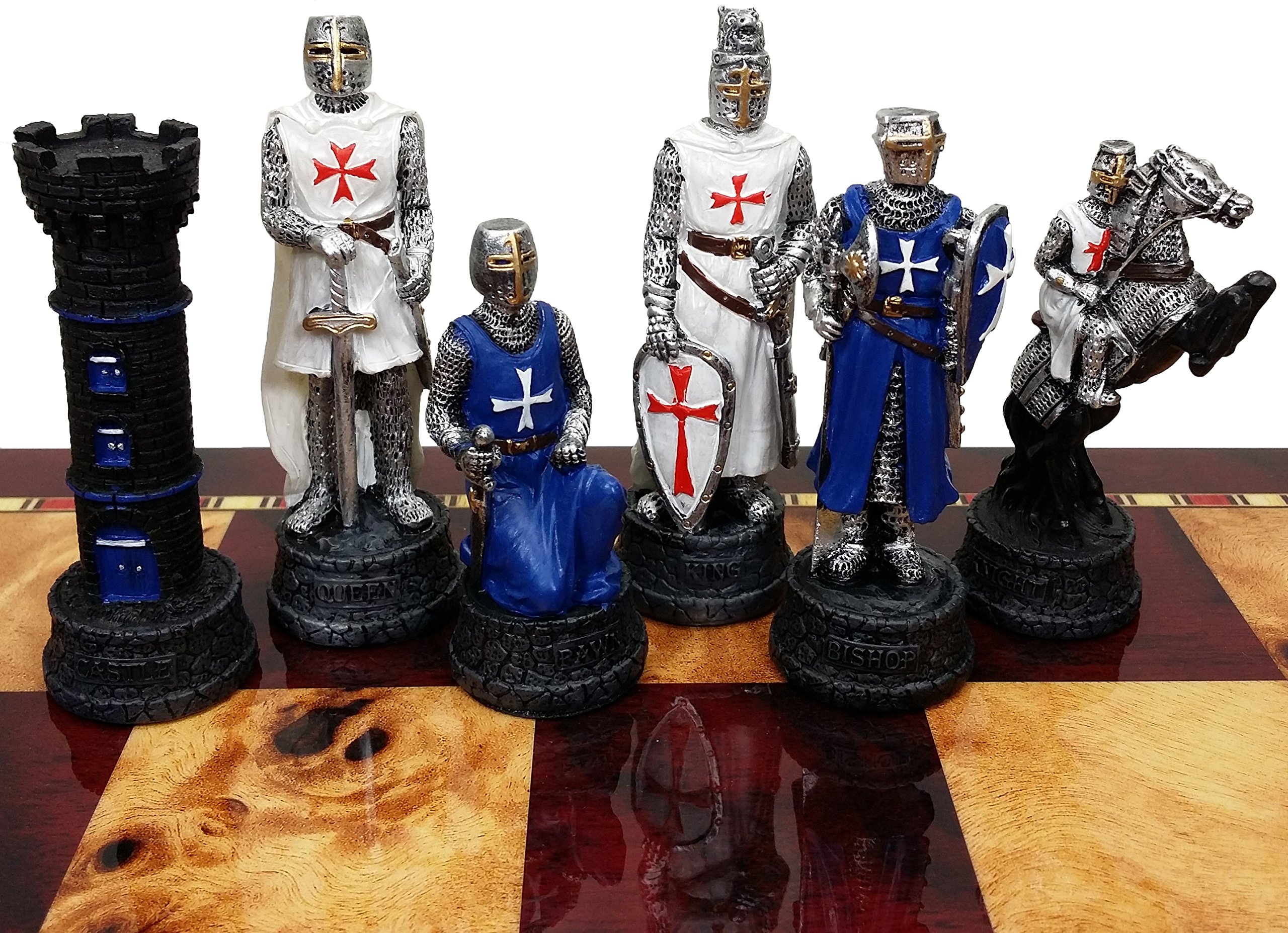 Hand-Painted Medieval Crusades Knight Chess Set with Maltese Cross - Blue & White Chessmen (No Board Included) - Perfect for Historical Game Nights & Collectors