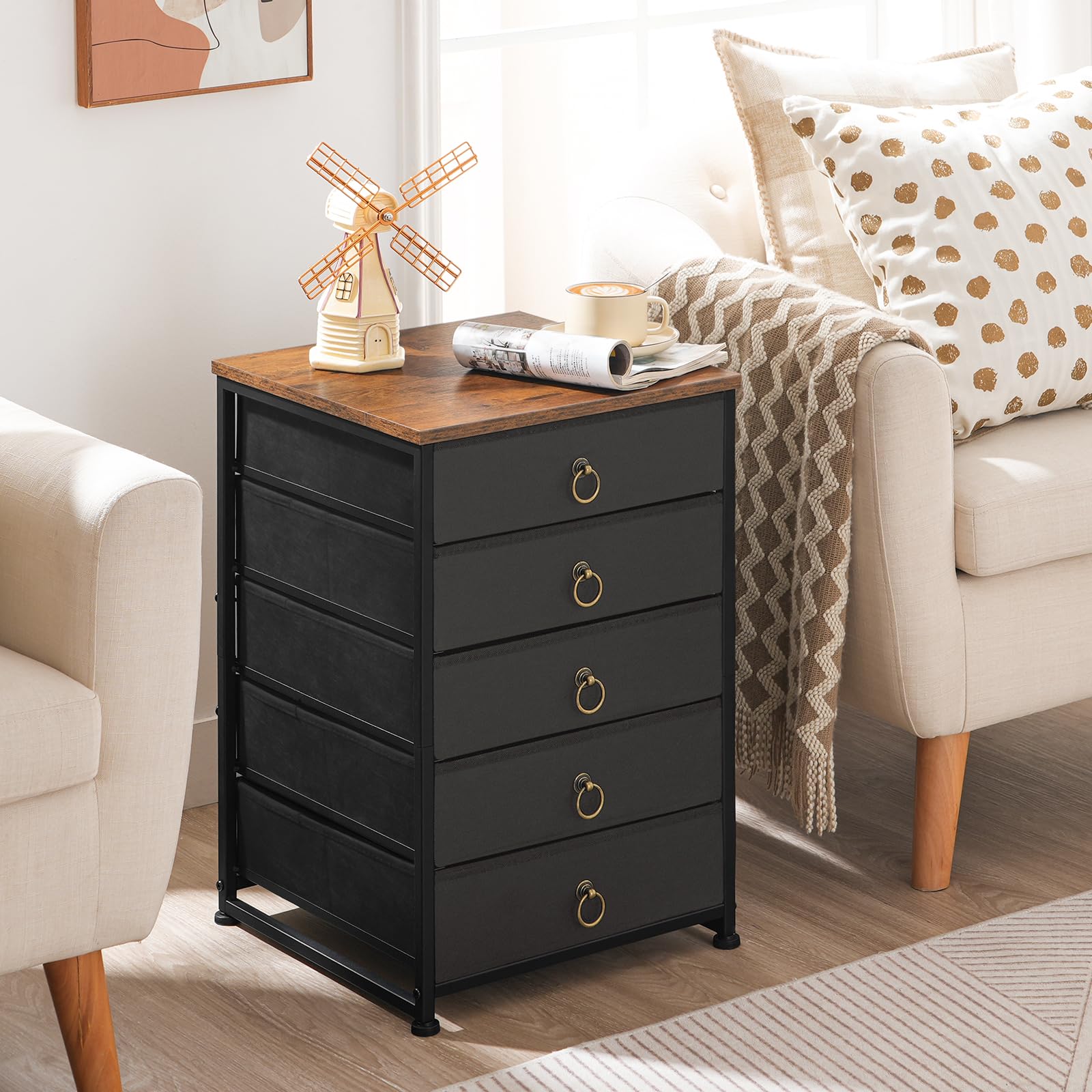 HOOBRO 5-Drawer Storage Cabinet - Black File Organizer with Wheels, Office Filing Cabinet & Rolling Printer Stand for Home Office, Living Room - Easy Assembly Nonwoven Drawers (Model BFK50WJ01) | Perfect for Document Storage & Printer Organization
