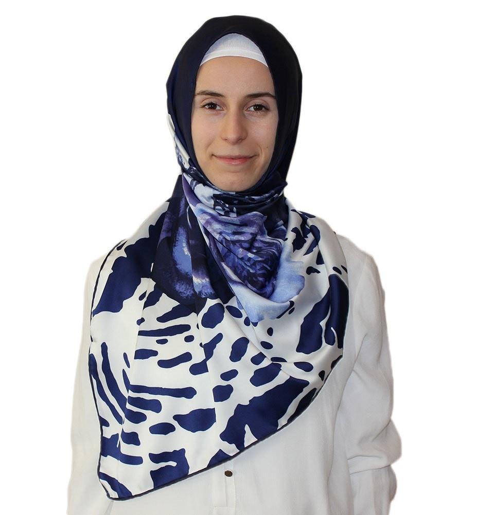 Aker Satin Square Hijab Scarf 6648 921 Blue & White - Soft & Breathable Muslim Headscarf for Women, Perfect for Daily Wear, Prayer, and Special Occasions