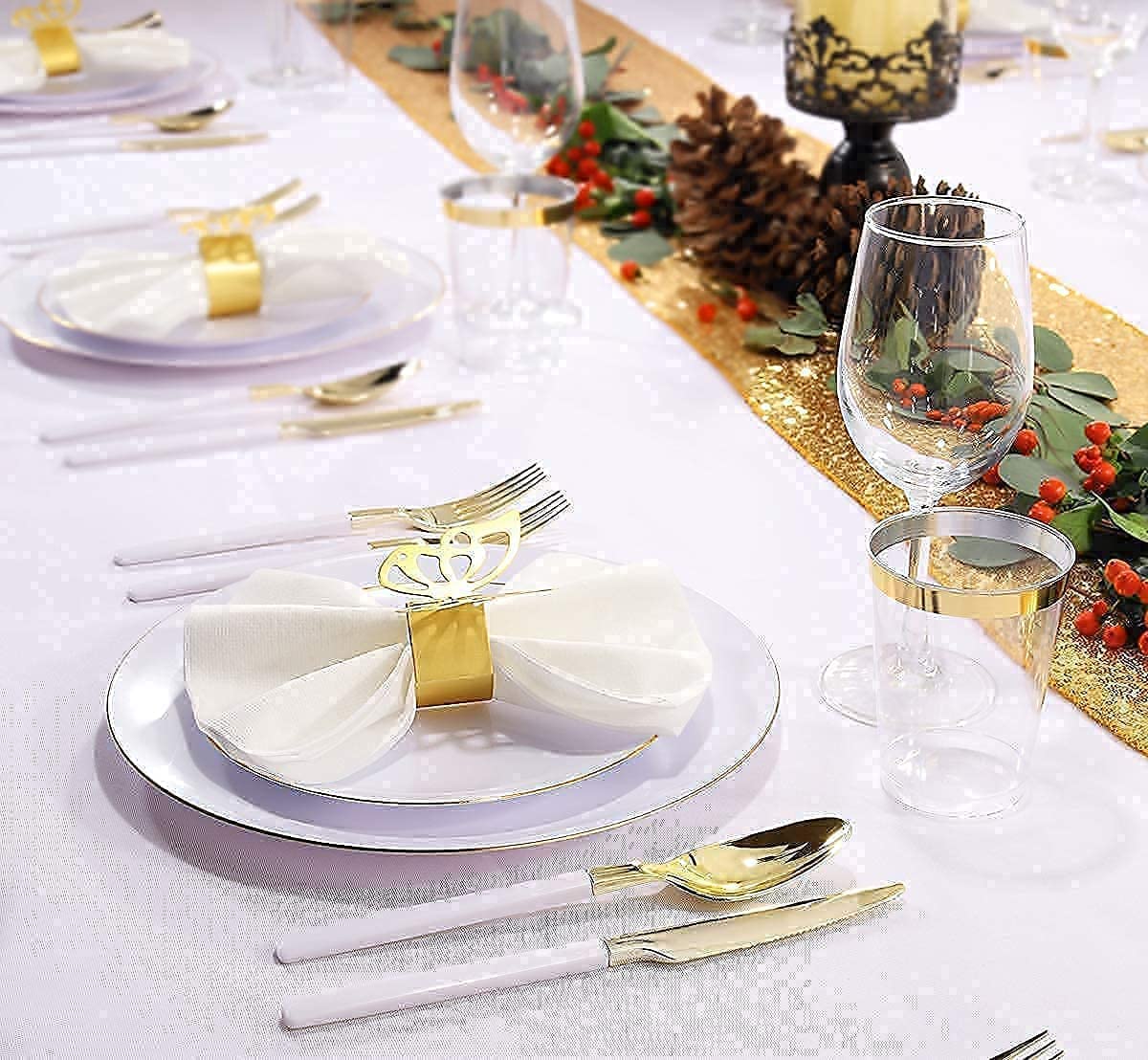 Premium Gold Plastic Plates & Silverware Set - 7.5inch & 10.25inch Nervure 100CPS Plates with 300CPS Gold Plastic Cutlery - Elegant Disposable Tableware for Parties, Weddings, and Special Events