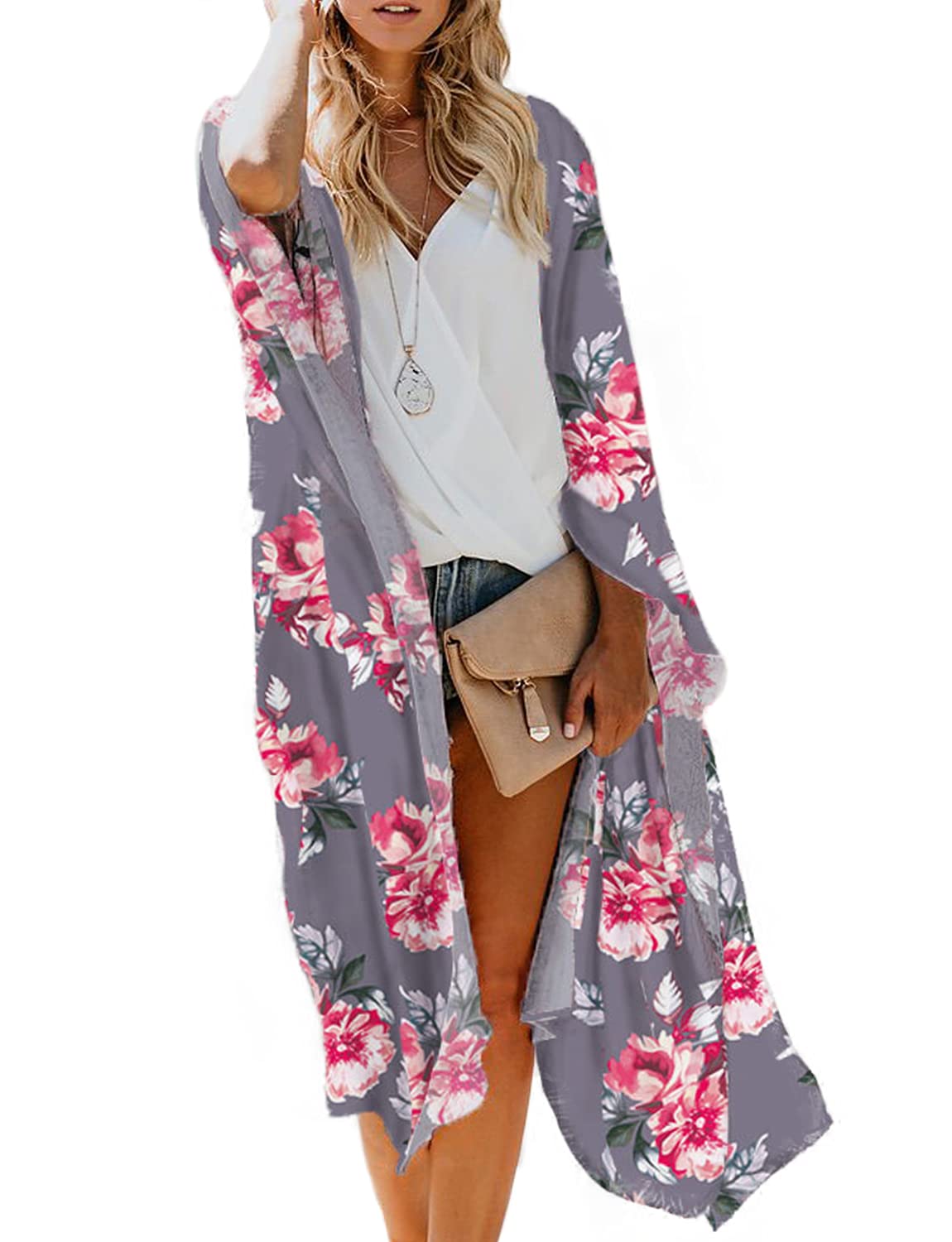 MayBuy Women's Summer Long Flowy Kimono Cardigan - Boho Chiffon Beach Cover Up Tops for Vacation, Pool Party & Outdoor Wear