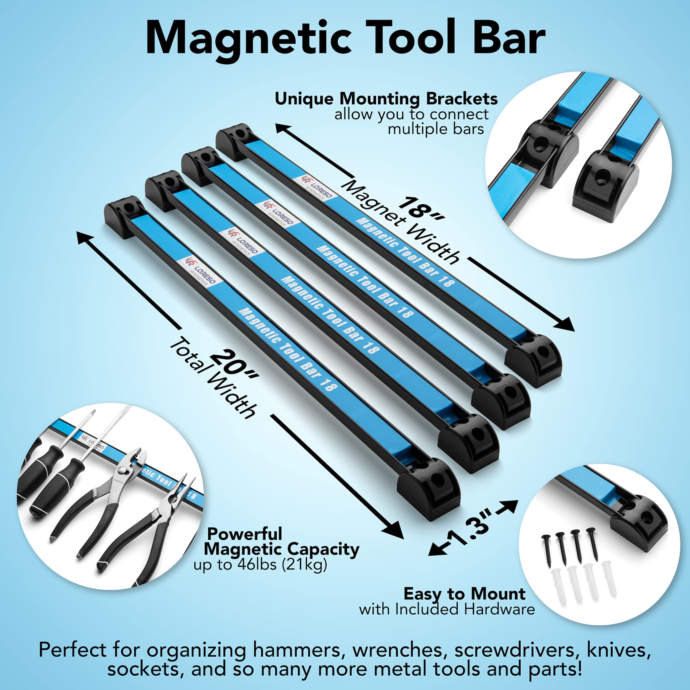 LSR LORESO 18 Inch Magnetic Tool Holder - Set of 4 Heavy Duty Metal Magnet Strips for Screwdrivers, Pliers, Wrenches & Knives - Wall Mountable Workshop Tool Organizer with Brackets & Screws - Perfect for Garage, Workshop & DIY Projects