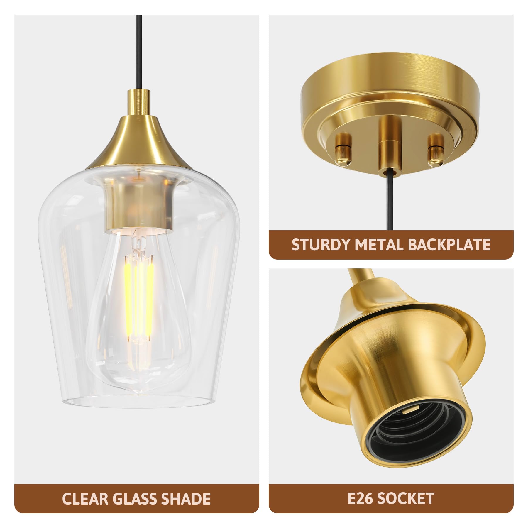 VONLUCE Modern Brushed Gold Pendant Light Fixture with Glass Shade & Adjustable Cable - E26 Base Kitchen Island Lighting for Living Room, Bedroom, Hallway - Perfect for Dining Areas, Entryways, and Home Decor