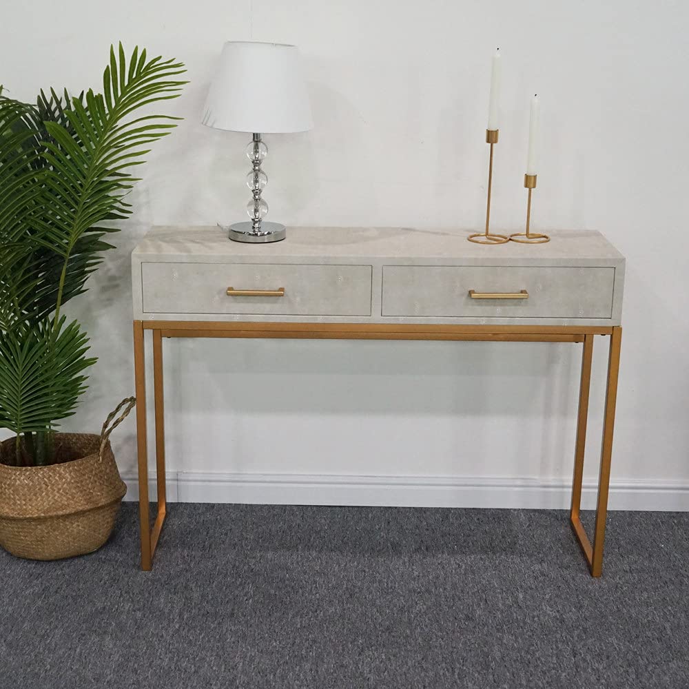 Modern Console Table with 2 Drawers & Gold Metal Frame - Crocodile Leather Sofa Table for Entryway, Hallway, Living Room or Bedroom - Narrow Storage Table with Beige Finish for Small Spaces & Home Decor