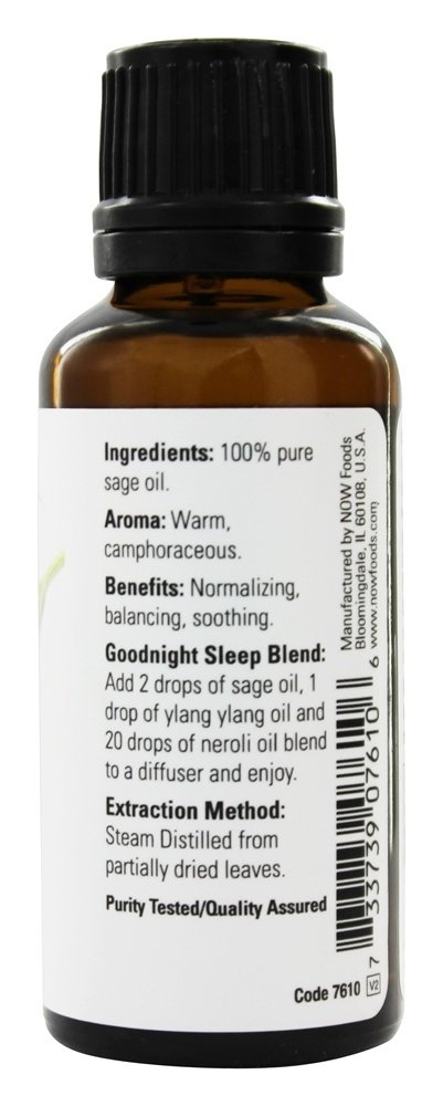 NOW Foods 100% Pure Essential Oil Sage - 1 oz (30ml) Natural Aromatherapy Oil for Relaxation, Stress Relief & Home Diffuser Use