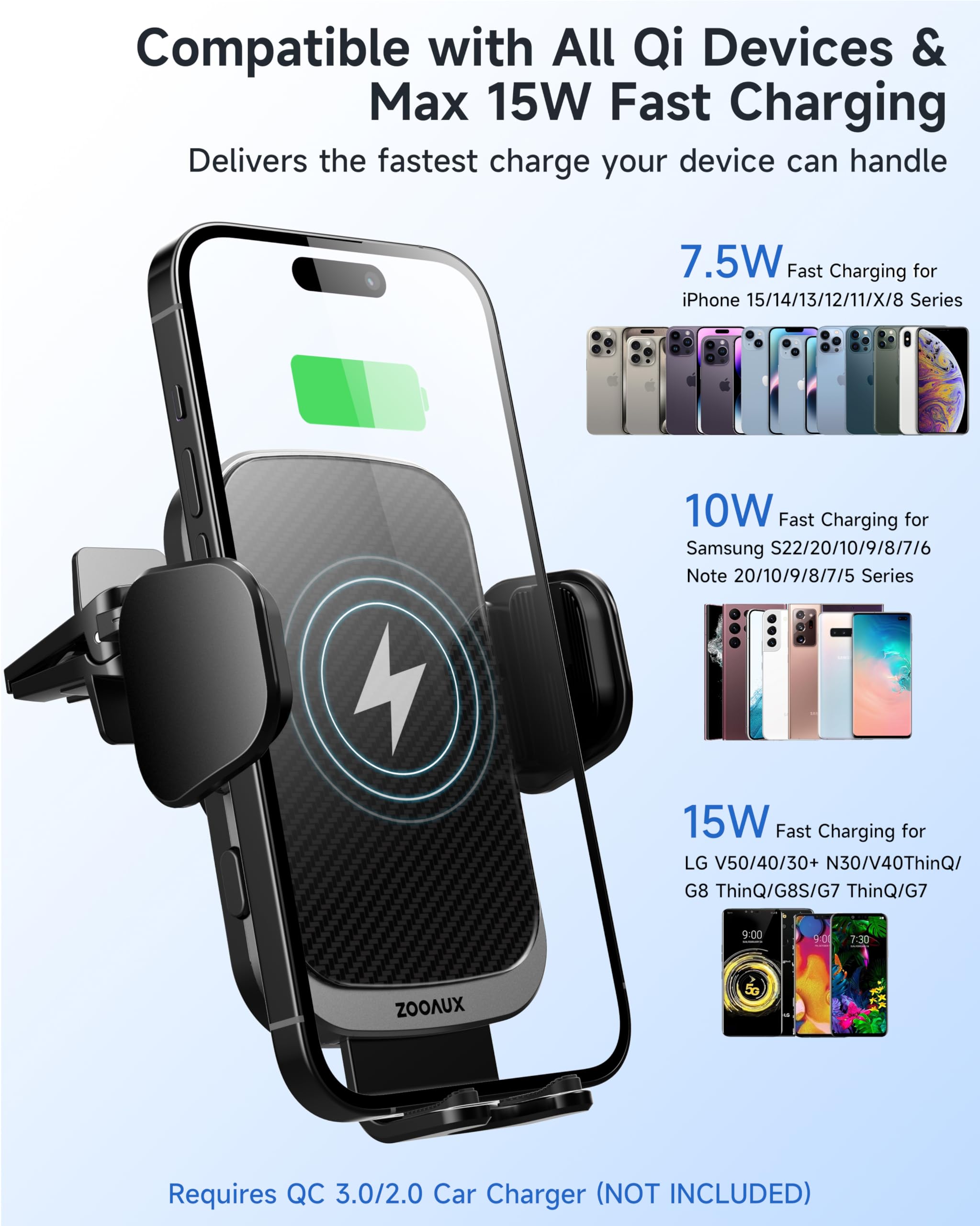 ZOOAUX 15W Fast Wireless Car Charger Vent Mount - Auto-Clamping Phone Holder for iPhone 15/15 Pro/14/13/XR/XS/X/8 & Samsung S24/S23/S22/S21/S10 - Secure Hands-Free Charging While Driving (Grey)
