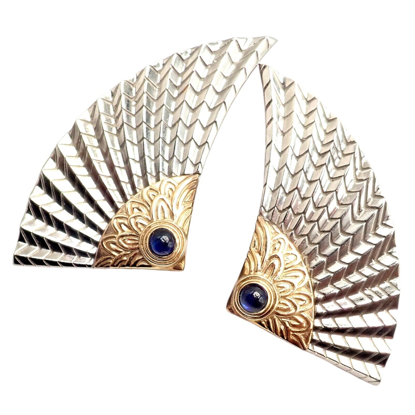 Exquisite Erte CFA 14k Yellow Gold & Silver Nile Large Fan Sapphire Earrings - Vintage Luxury Jewelry for Women - Perfect for Evening Gala, Wedding & Special Occasions