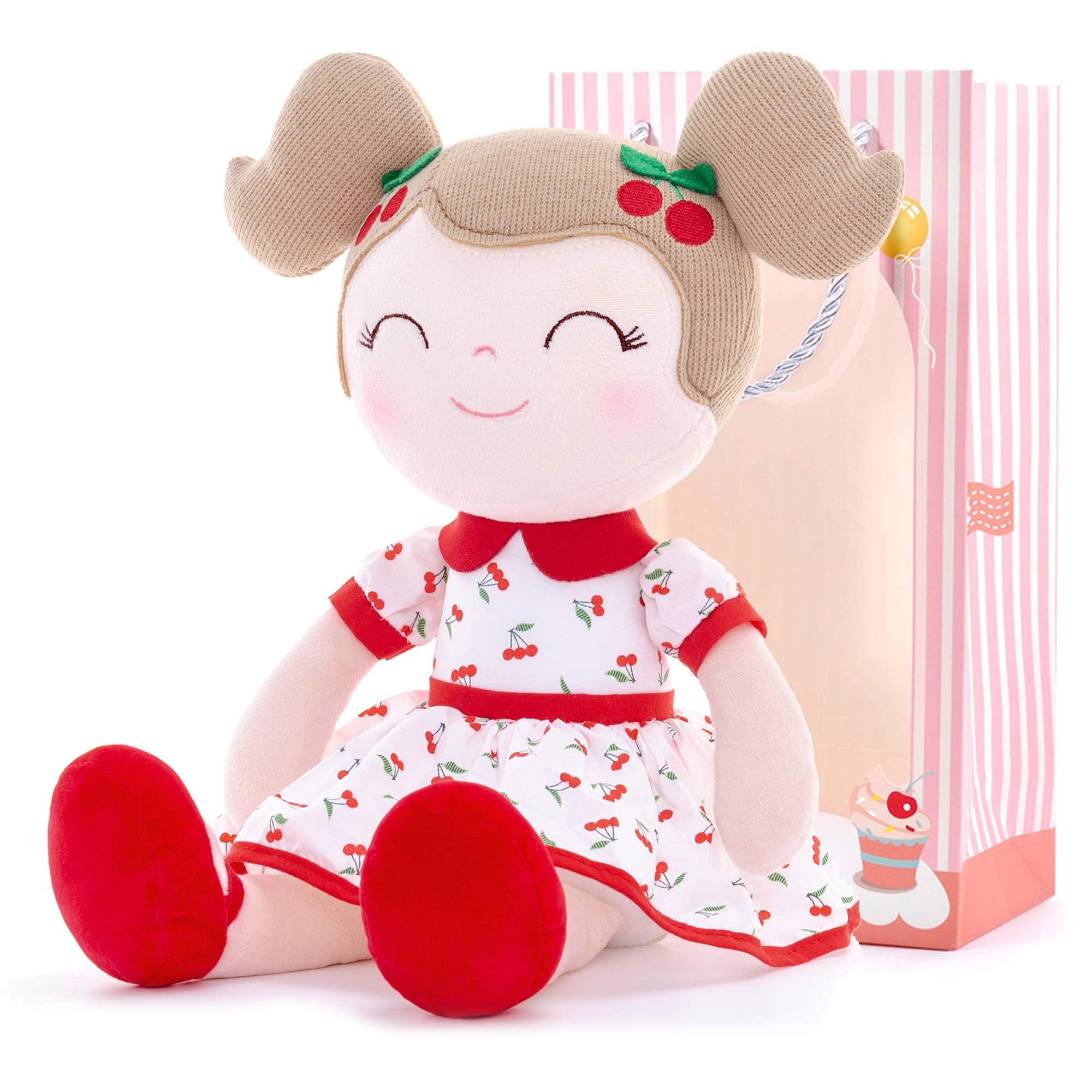 Gloveleya 14-inch Soft Plush Baby Doll for Girls - Cherry Red Stuffed Toy with Gift Box | Perfect Birthday Gift, Christmas Present & Nursery Decor