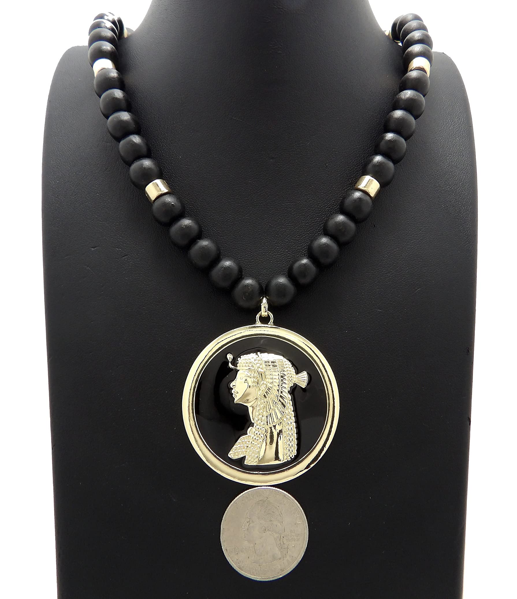Egyptian Cleopatra Falcon Pendant Necklace - 6mm Gold Wooden Beads for Women