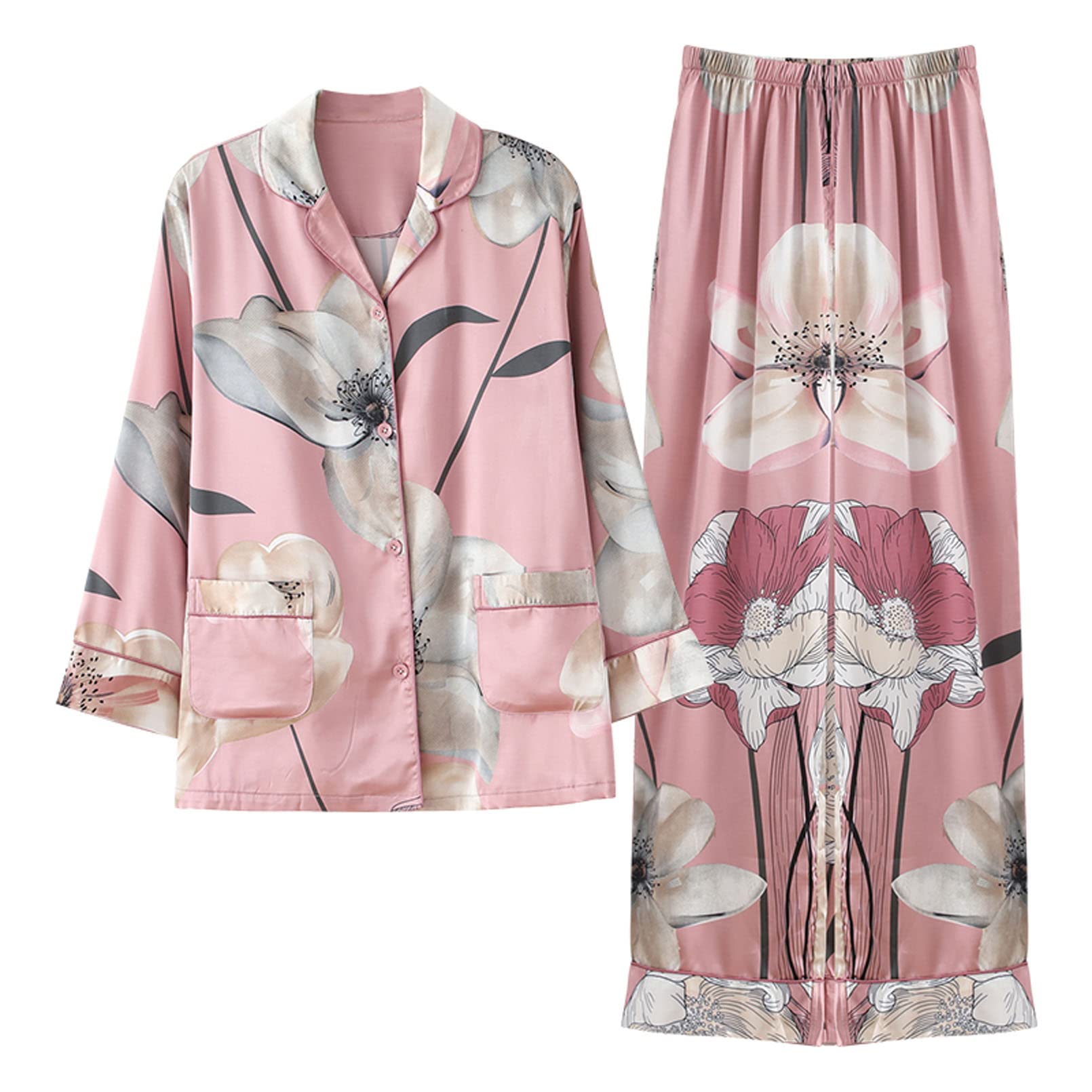 Women's Silk Satin Pajama Set - Long Sleeve Button Down Sleepwear & Lounge Pants - Soft Comfortable Nightwear for Summer - Pink 3XL - Perfect for Relaxing at Home, Spa Days & Gift Giving