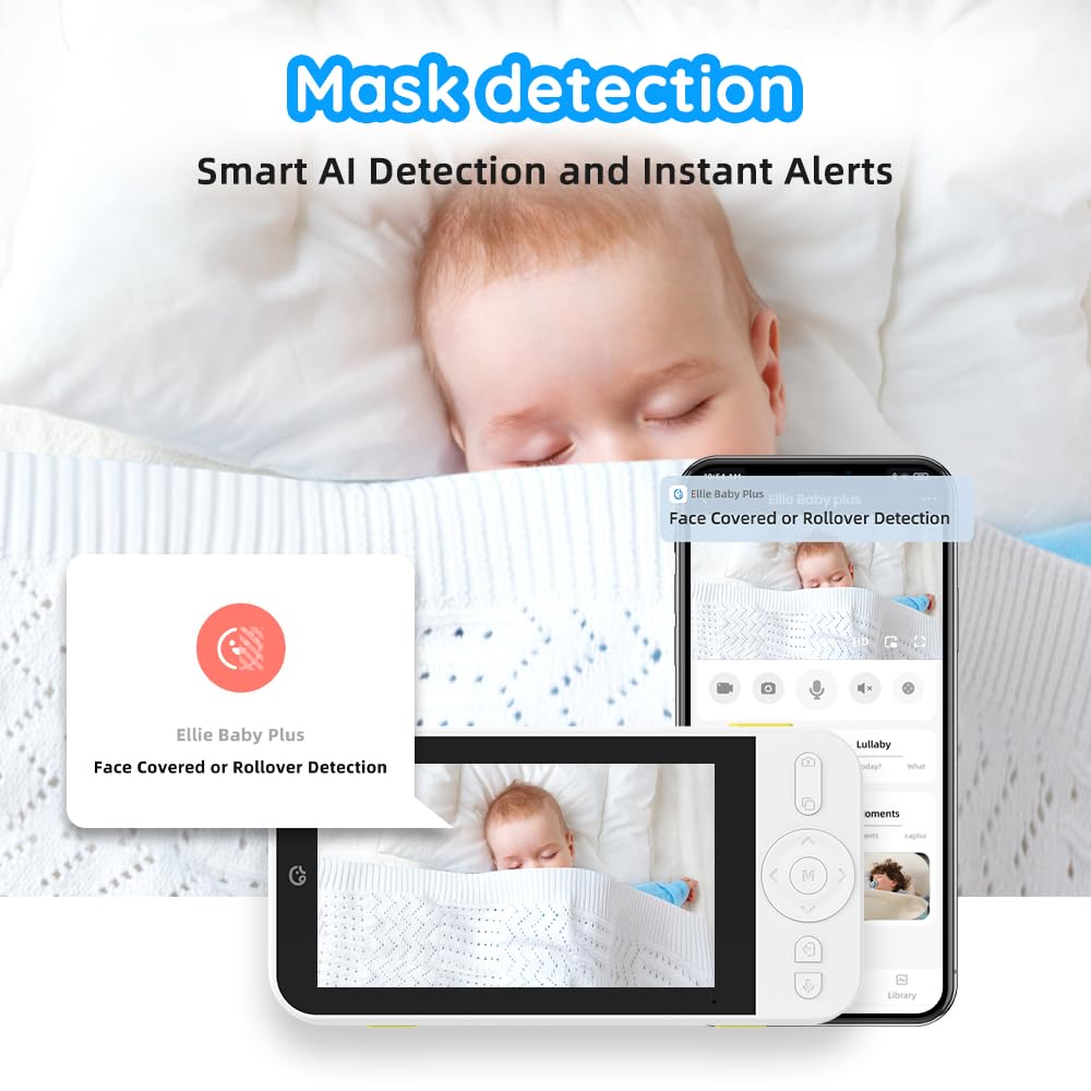 Ellie AI Video Baby Monitor with Camera & Audio - 2-Way Talk, No WiFi/WiFi Option, Face Covered Alert, Sleep Tracking, Breathing Detection for Nursery, Daycare & Travel