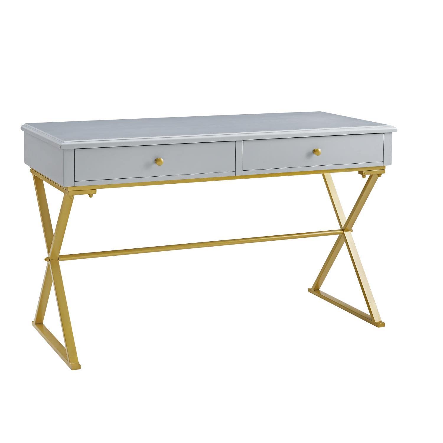 Linon Campaign 2-Drawer Writing Desk in Grey - Compact Home Office Furniture for Small Spaces, Study & Workstation Use
