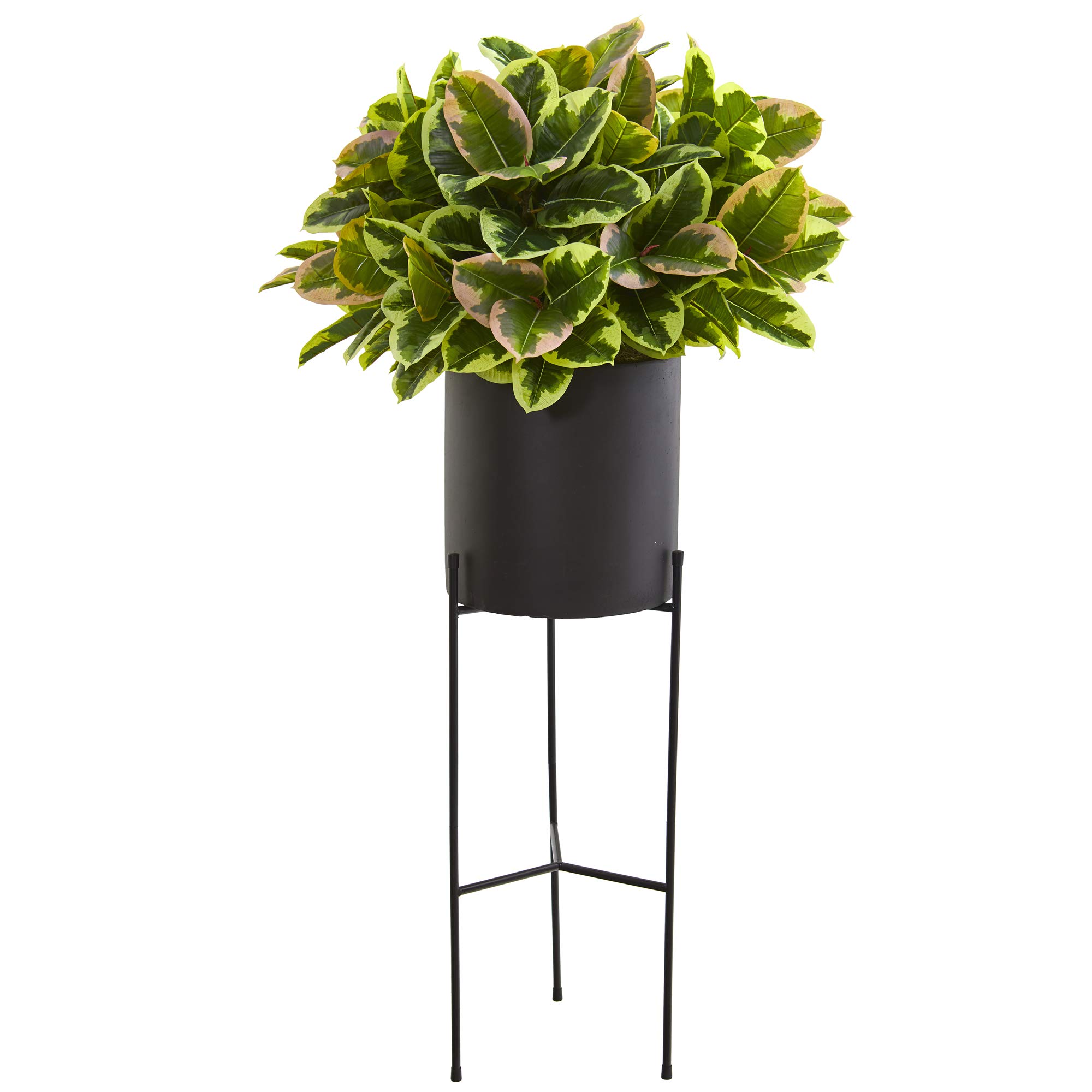 Nearly Natural 55in. Real Touch Artificial Rubber Leaf Silk Plant in Black Planter with Stand - Perfect for Home Office Decor, Living Room Greenery & Indoor Plant Lovers