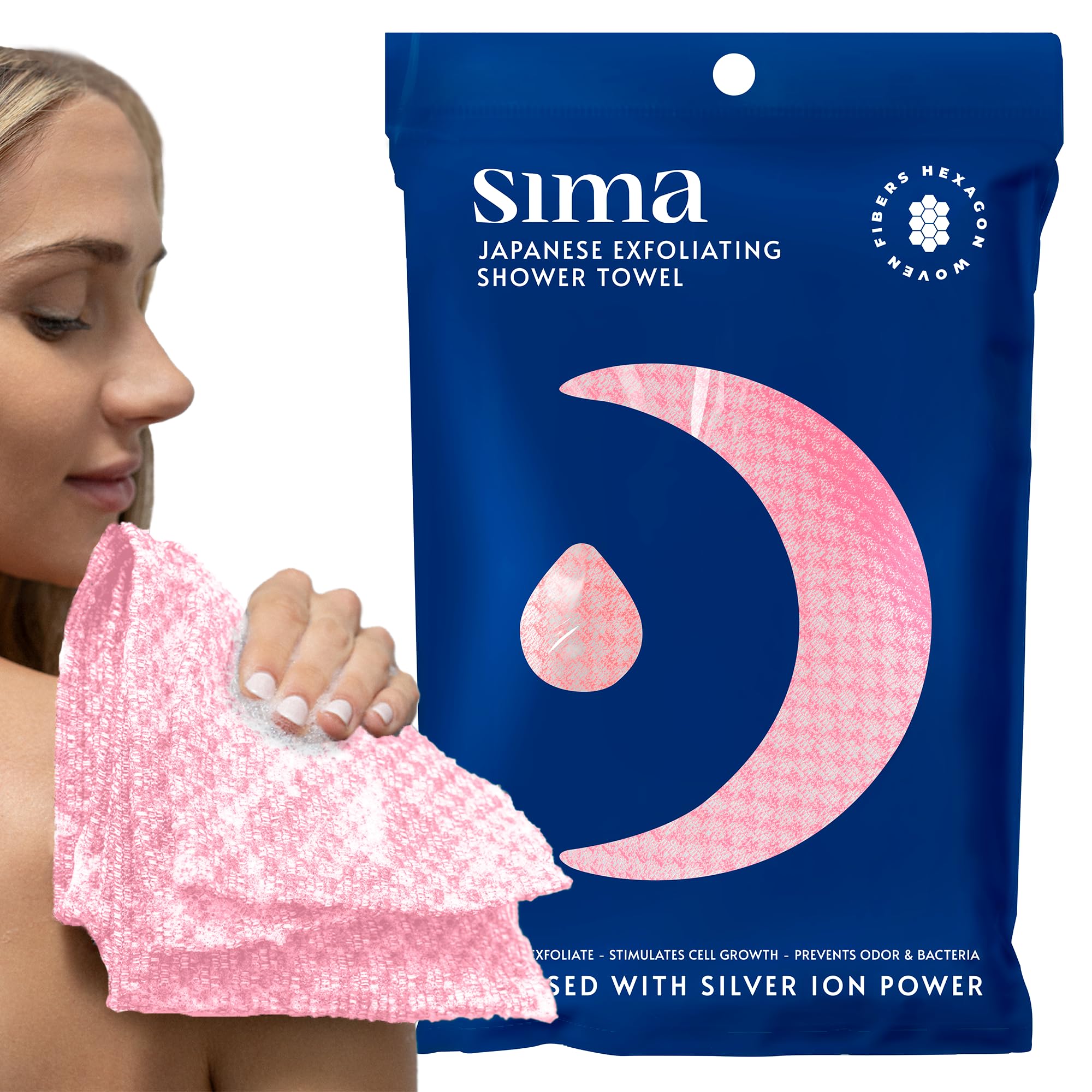 Japanese Exfoliating Washcloth for Face & Body - Hexagon Fiber Scrub Towel with Dual-Sided Exfoliation, Extra Long & Soft (Pink) - Perfect for Spa, Shower & Deep Cleansing Routine