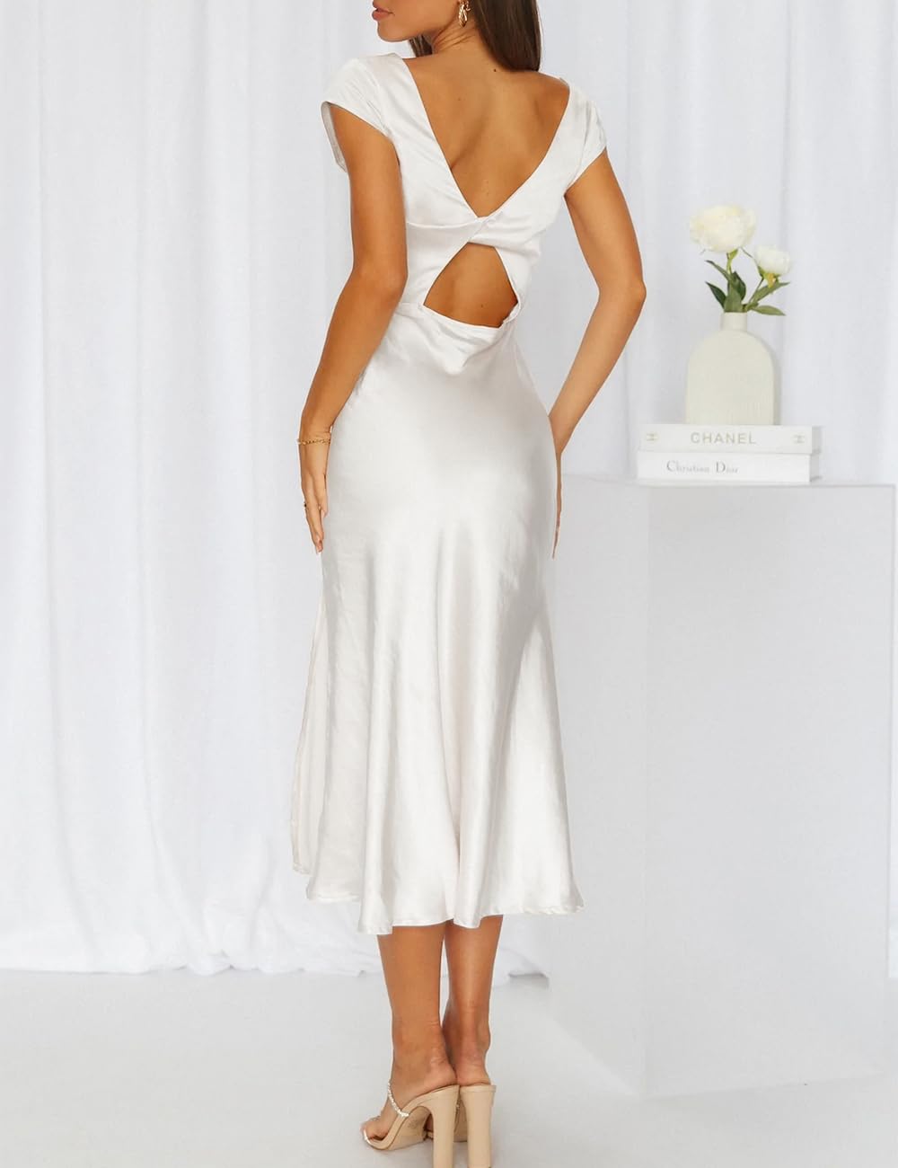 Elegant Backless Satin Midi Dress for Women | Summer Wedding Guest Dress with Cowl Neck & Thigh Slit | Sexy Cocktail Party Dress for Evening Events, Date Nights & Special Occasions 2025