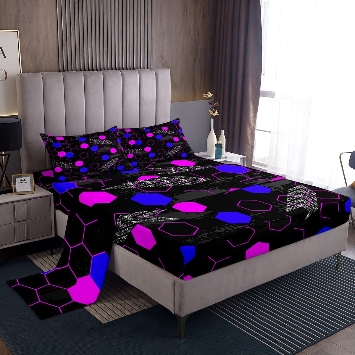 Honeycomb Hexagonal Print Bedding Set for Kids - Queen Size Beehive Themed Bed Sheets in Black, Pink & Blue | Geometric Room Decor for Boys & Girls | Perfect for Nursery, Kids' Bedroom & Dorm Room