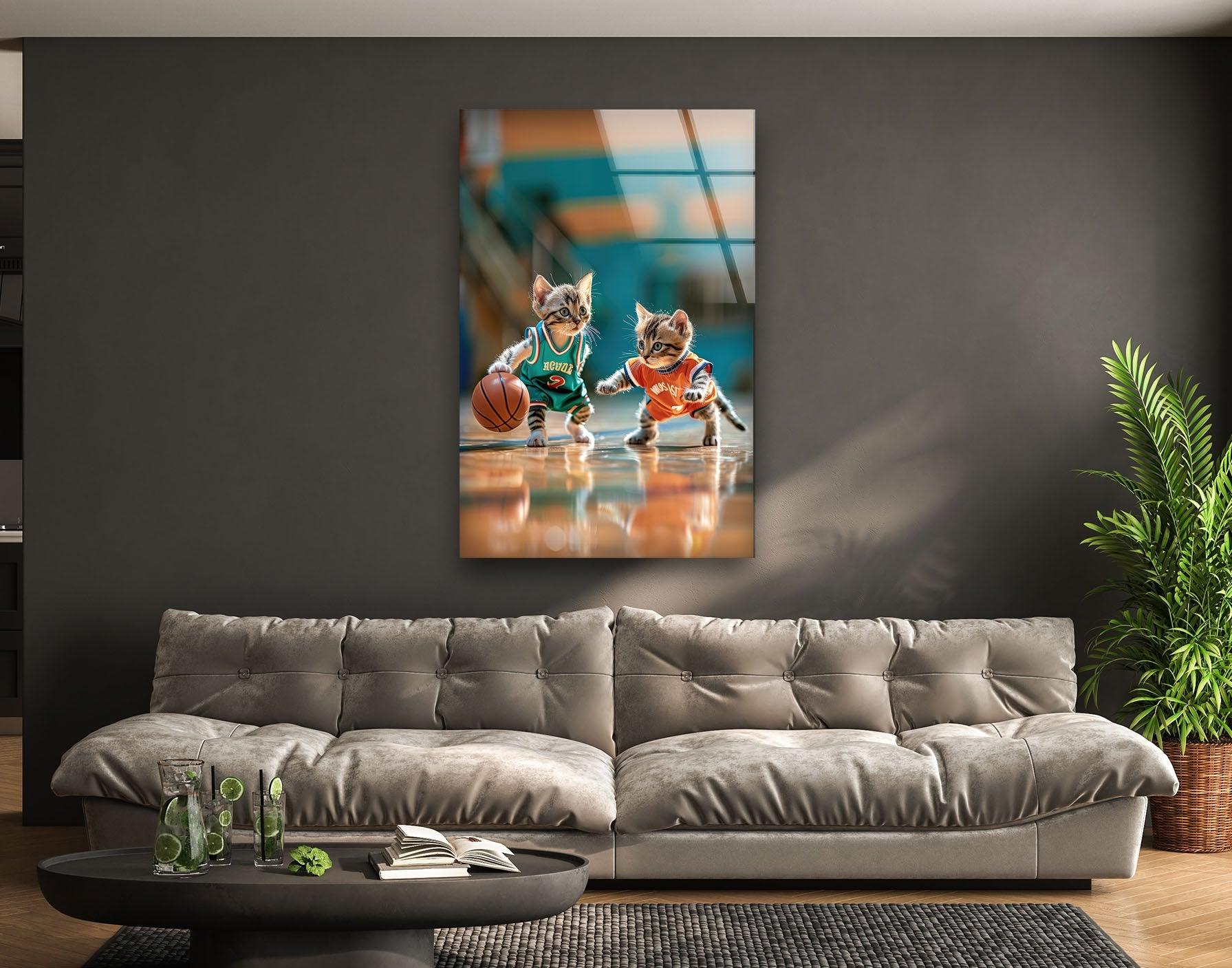 Basketball Player Cats Glass Wall Art - Unique Sports Decor for Cat Lovers - Perfect for Living Room, Bedroom, or Game Room Decorations