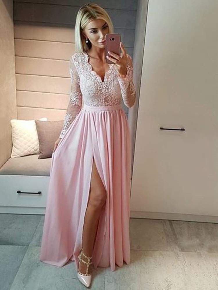 Elegant POMUYOO Women's V-Neck A-Line Lace Chiffon Prom Dress - Long Sleeve Formal Evening Gown with High Slit (YG032) | Perfect for Homecoming, Wedding Guest, Cocktail Party & Special Occasions