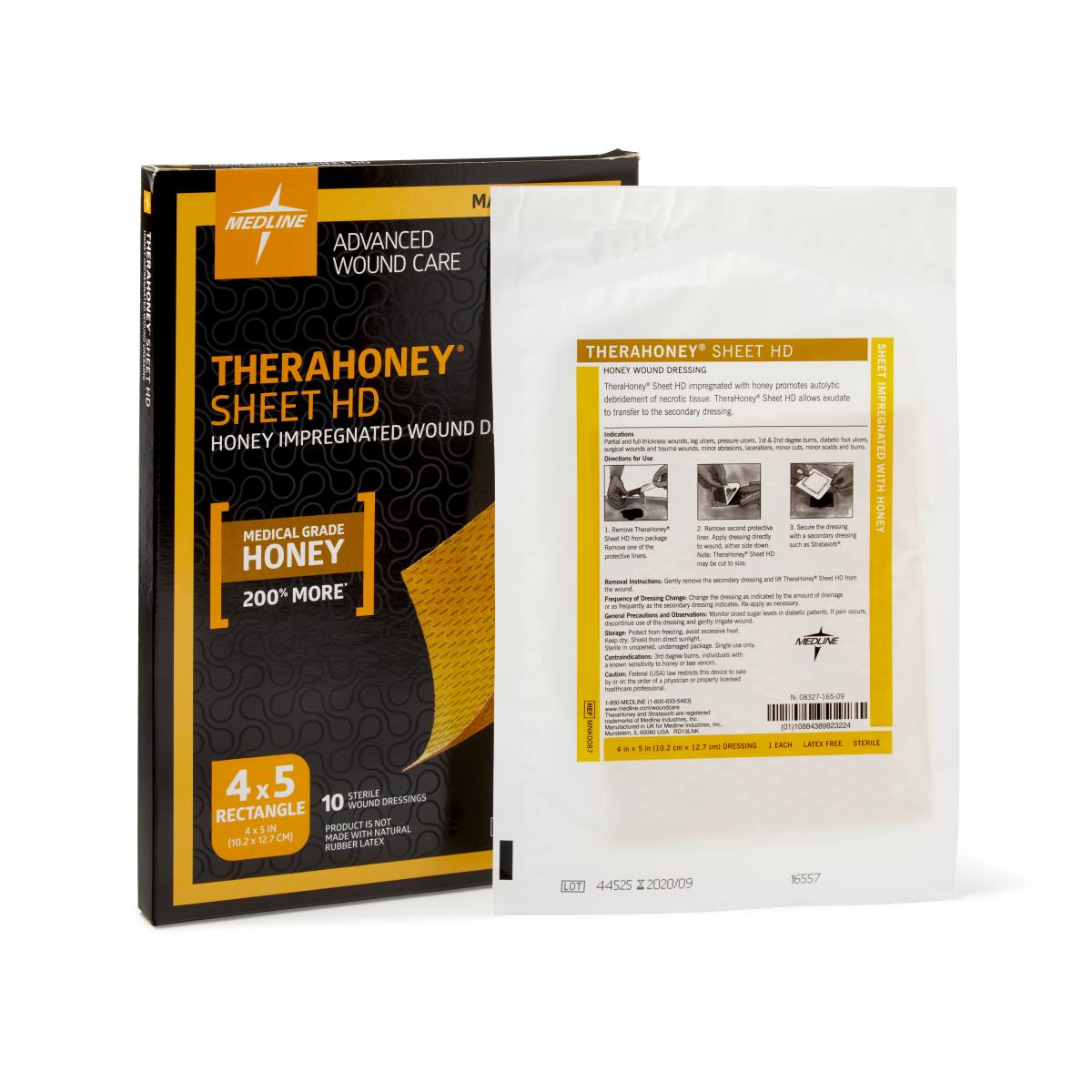 TheraHoney HD Medical Grade Honey Wound Dressings 4x5 Inches - Box of 10 Sterile Wound Care Bandages for Burns, Ulcers & Post-Surgery Healing