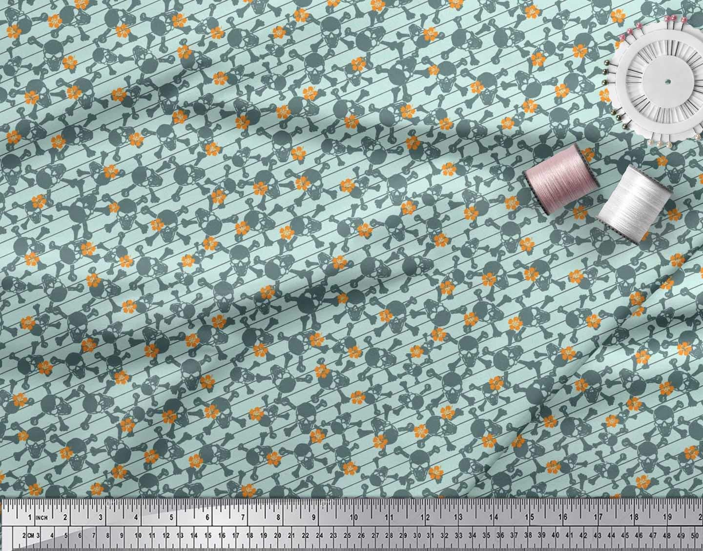 Soimoi Rayon Fabric Diagonal Stripe Cross Bones & Skull Print Fabric - 42 Inch Wide by The Yard - Perfect for Halloween Costumes, DIY Crafts, and Home Decor Projects
