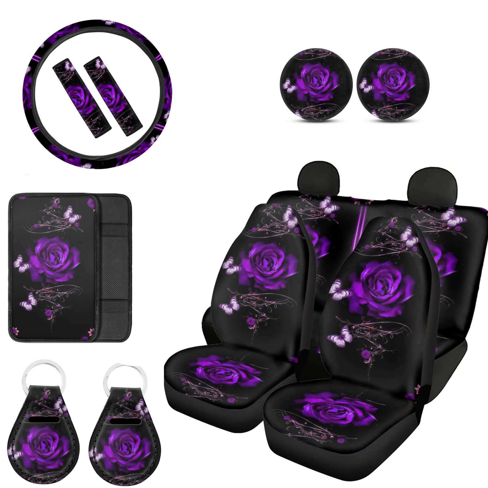 FUIBENG 12-Piece Purple Rose Butterfly Car Seat Cover Set - Steering Wheel Cover, Seatbelt Pads, Armrest Mat, Coasters & Keychain - Elegant Floral Car Interior Accessories for Women (Perfect Gift for Valentine's Day & Car Enthusiasts)