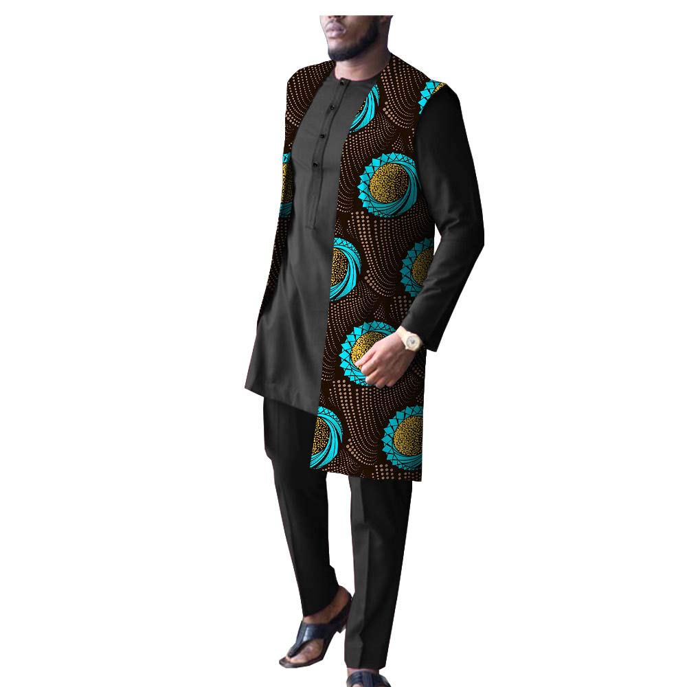 Africa Pride Men's Dashiki Tribal Clothing 3-Piece Set - Long Coat Jacket, Print Shirt & Pants | Traditional African Outfit for Weddings, Festivals & Cultural Events