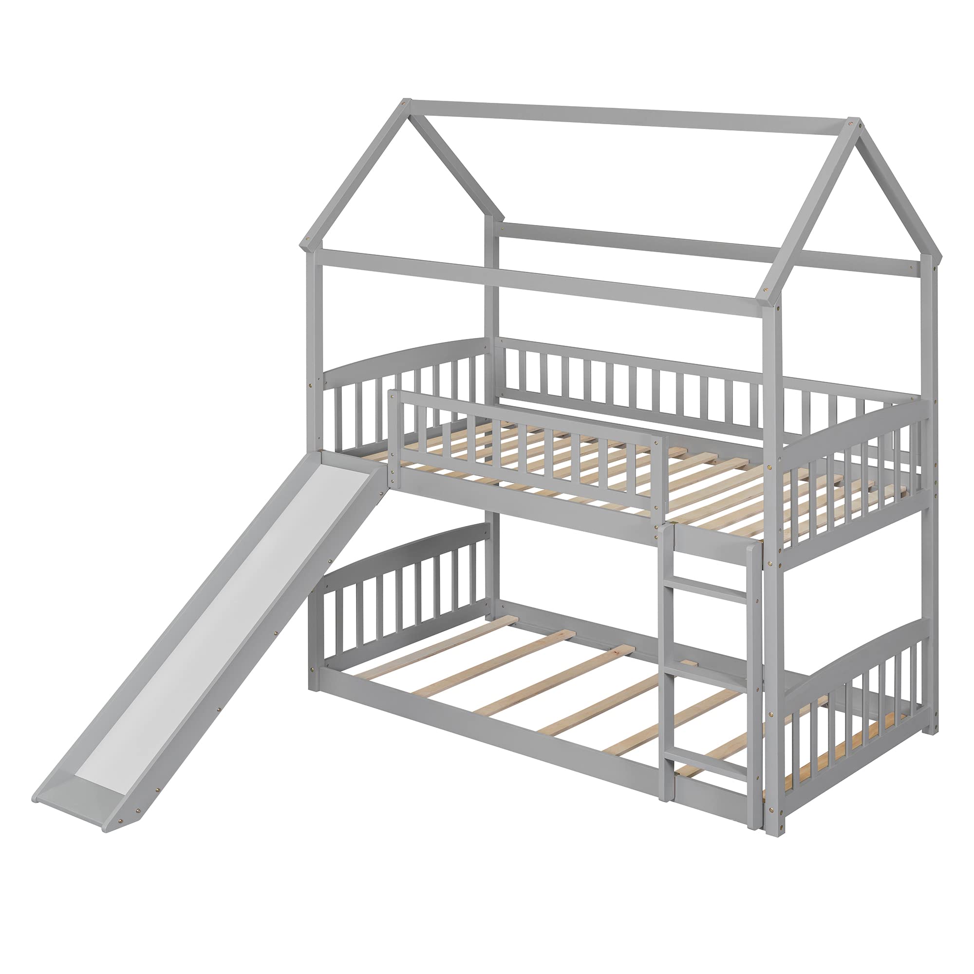Kids Wooden Twin Over Twin Bunk Bed with Slide - Grey Space-Saving Loft Bed for Boys & Girls - Perfect for Small Bedrooms, Playrooms & Shared Kids' Rooms