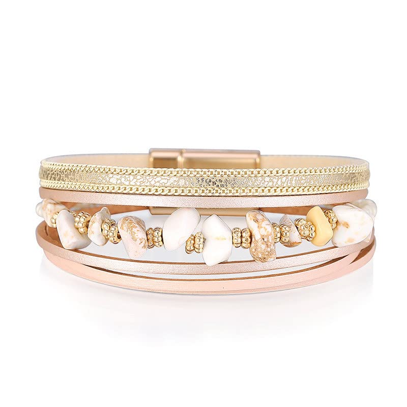 Elegant Wedding Necklace & Bracelet Set for Brides - Leather Cuff, Multilayer Wrap & Irregular Gravel Bracelets with Magnetic Clasp (Pink, One Size) - Perfect for Bridal Showers, Weddings & Special Occasions