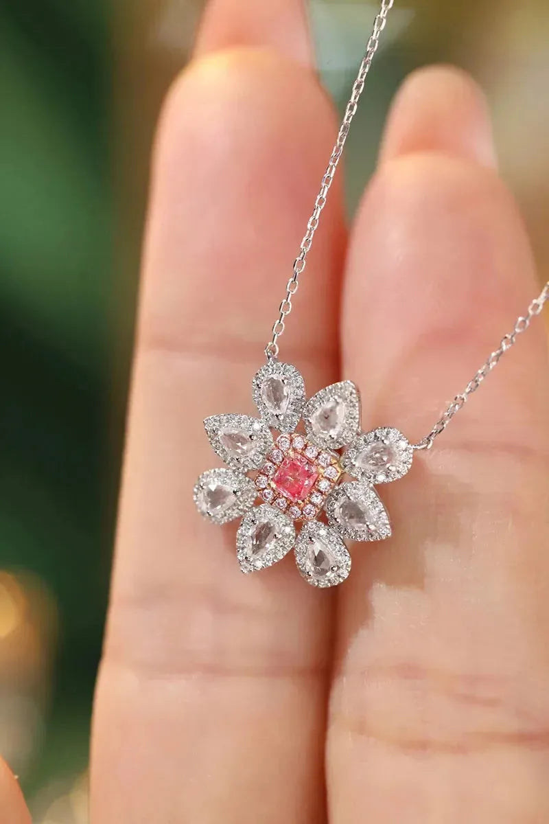 18K White Gold Floral Necklace with Real Pink Diamond & Aquamarine - Elegant Women's Jewelry for Parties, Weddings & Special Occasions