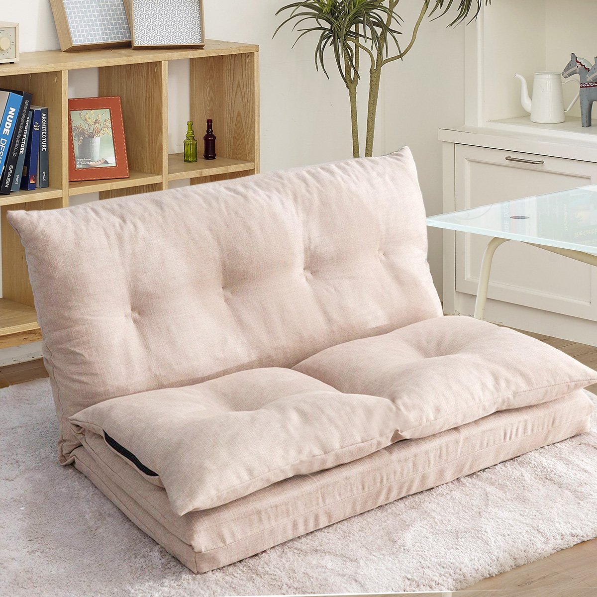 Adjustable Fabric Folding Chaise Lounge Sofa - Portable Floor Couch for Living Room, Bedroom & Outdoor - Beige Modern Comfort Seating for Relaxing, Reading & Lounging