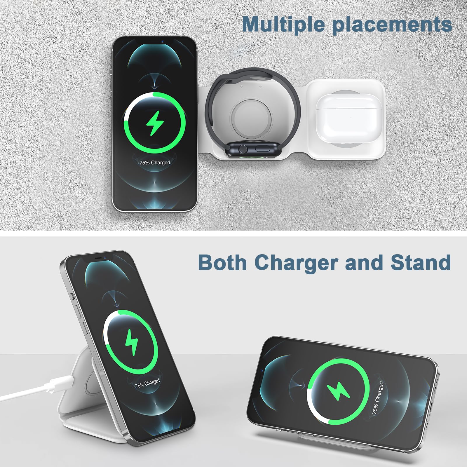 Ankilo 3-in-1 Foldable Magsafe Wireless Charging Station for iPhone 15/14/13/12 Series, Apple Watch & AirPods Pro | Portable Travel Charger for Multiple Devices | Perfect for Home, Office & Car Use (Adapter Not Included)