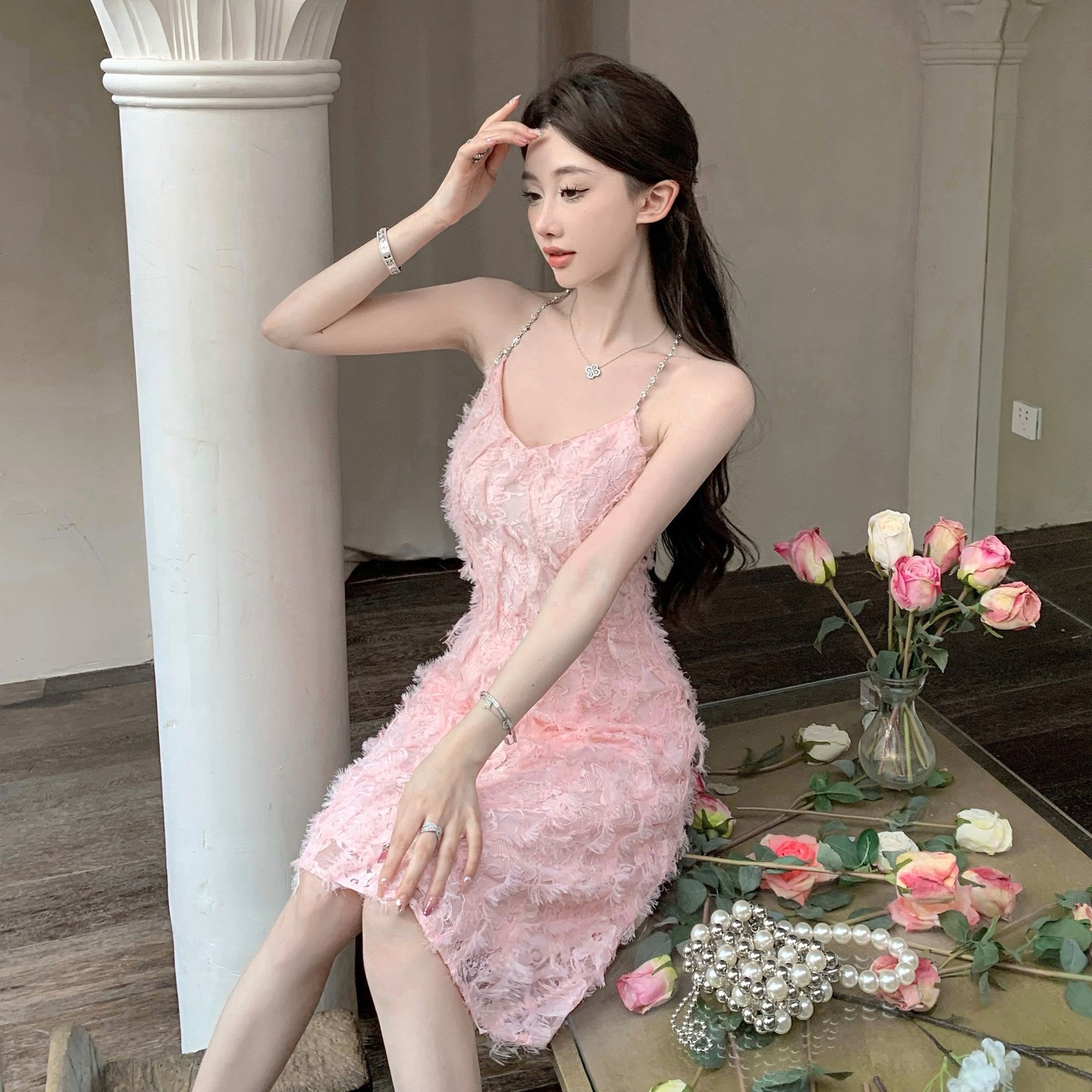 Elegant French Pink Feather Tassel Spaghetti Strap Dress - Summer Party, Wedding Guest, Cocktail Night Out Fashion for Women