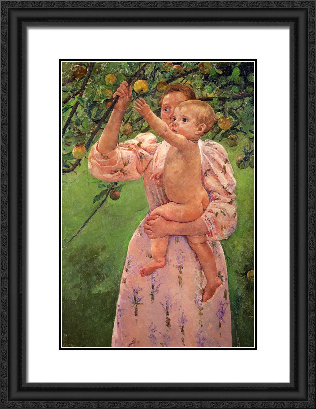 Mary Cassatt 'Baby Reaching for an Apple' 19x24 Black Ornate Framed Art Print with Double Matting - Classic Wall Decor for Nursery, Living Room & Office