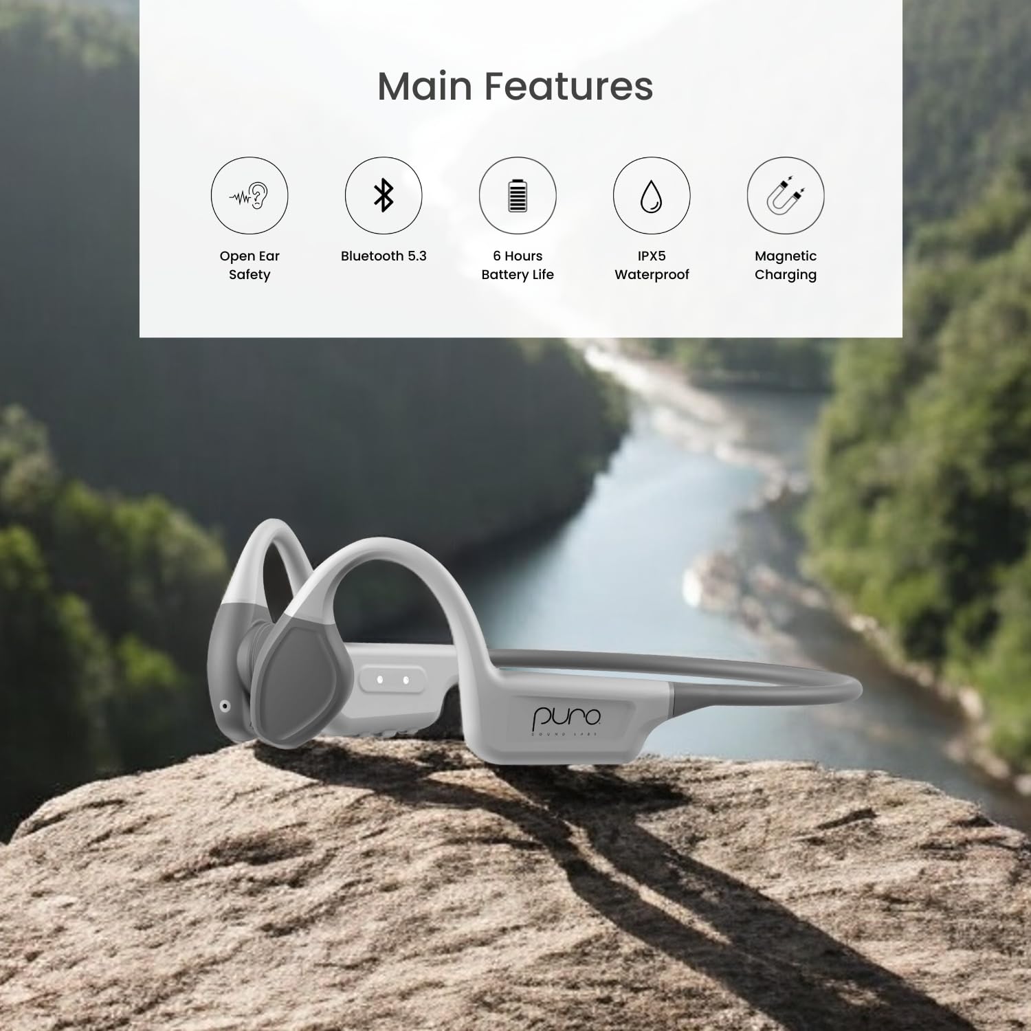 Puro Sound Labs PuroFree Open-Ear Bone Conduction Bluetooth 5.3 Headphones - Sweatproof Wireless Sport Earbuds with Built-in Mic for Running, Cycling & Outdoor Activities