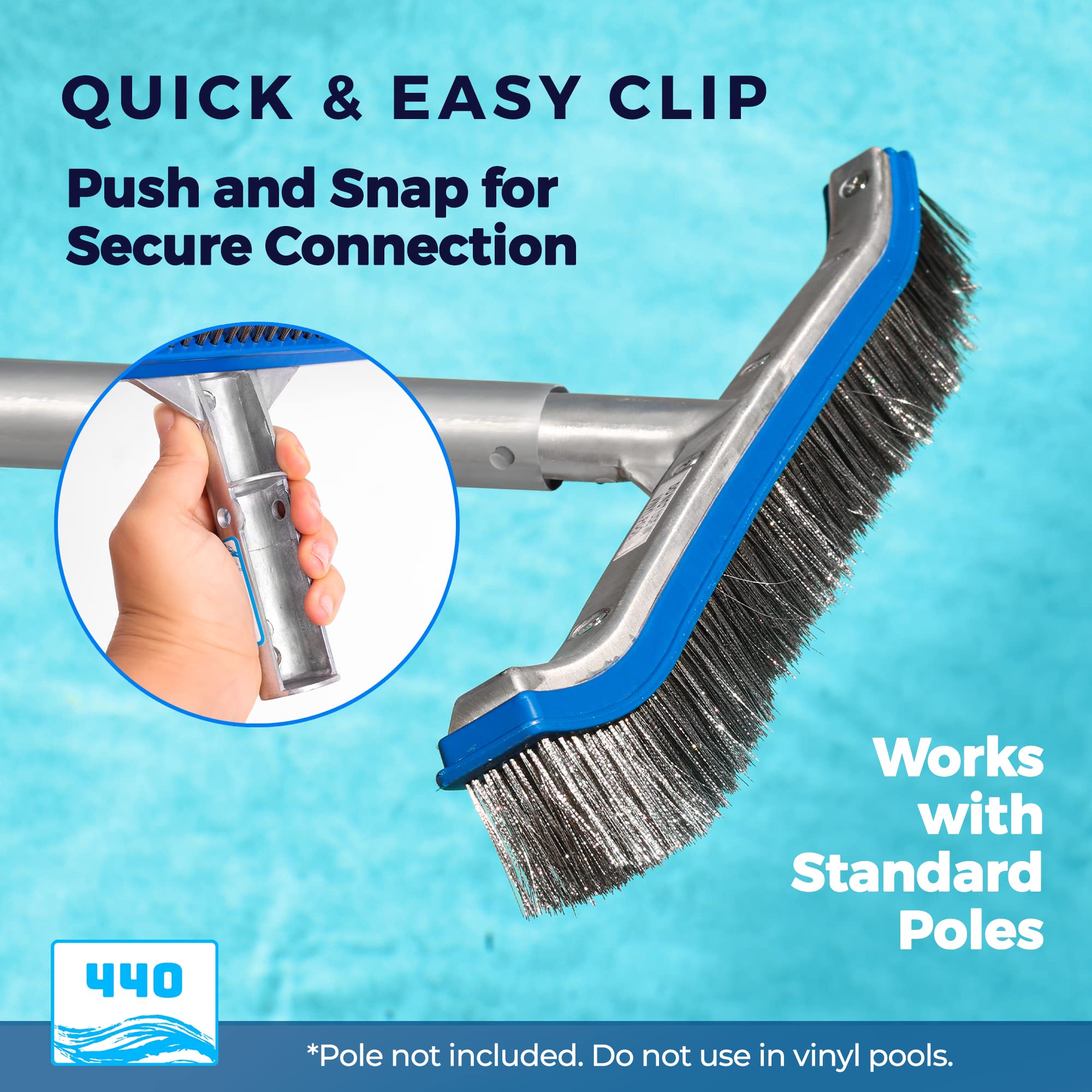 440 Heavy Duty Pool Brush - 18-Inch Extra-Wide Stainless Steel Wire Bristle Brush for Cleaning Pool Tiles, Walls, Floors & Steps - Professional Swimming Pool Maintenance Tool for Concrete, Vinyl & Fiberglass Pools