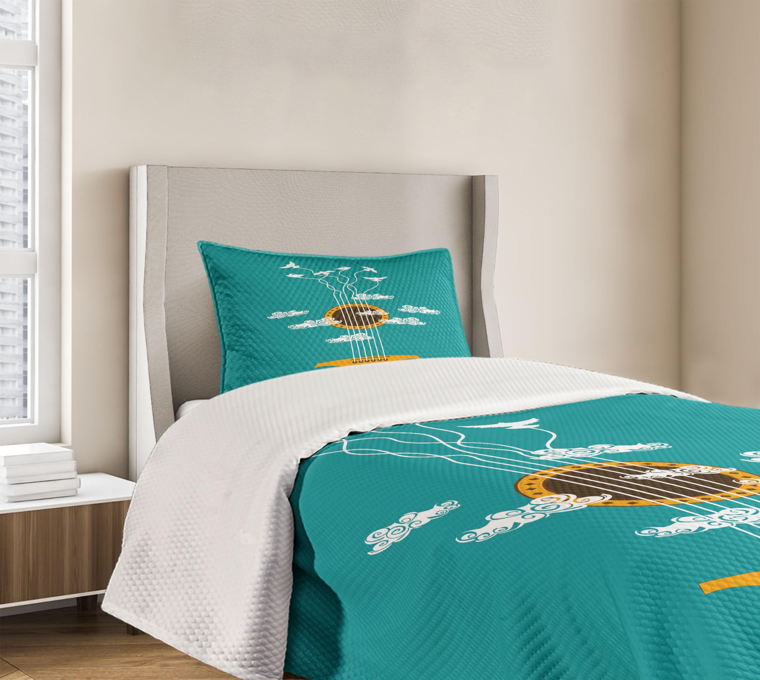 Ambesonne Guitar Bedspread Set - Abstract Music Themed Bedding with Birds on Strings & Clouds Design, 3-Piece Decorative Coverlet & 2 Pillow Shams, Twin Size in Turquoise Marigold White | Perfect for Music Lovers' Bedrooms, Dorm Rooms & Bohemian Decor