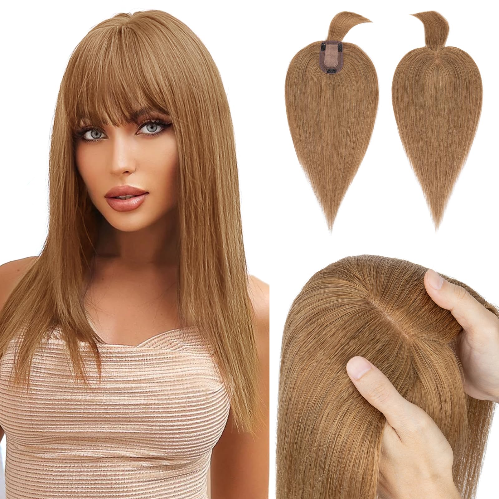 100% Real Human Hair Toppers with Bangs for Women - 18 Inch Blonde Brown Clip-in Hairpieces (2.8