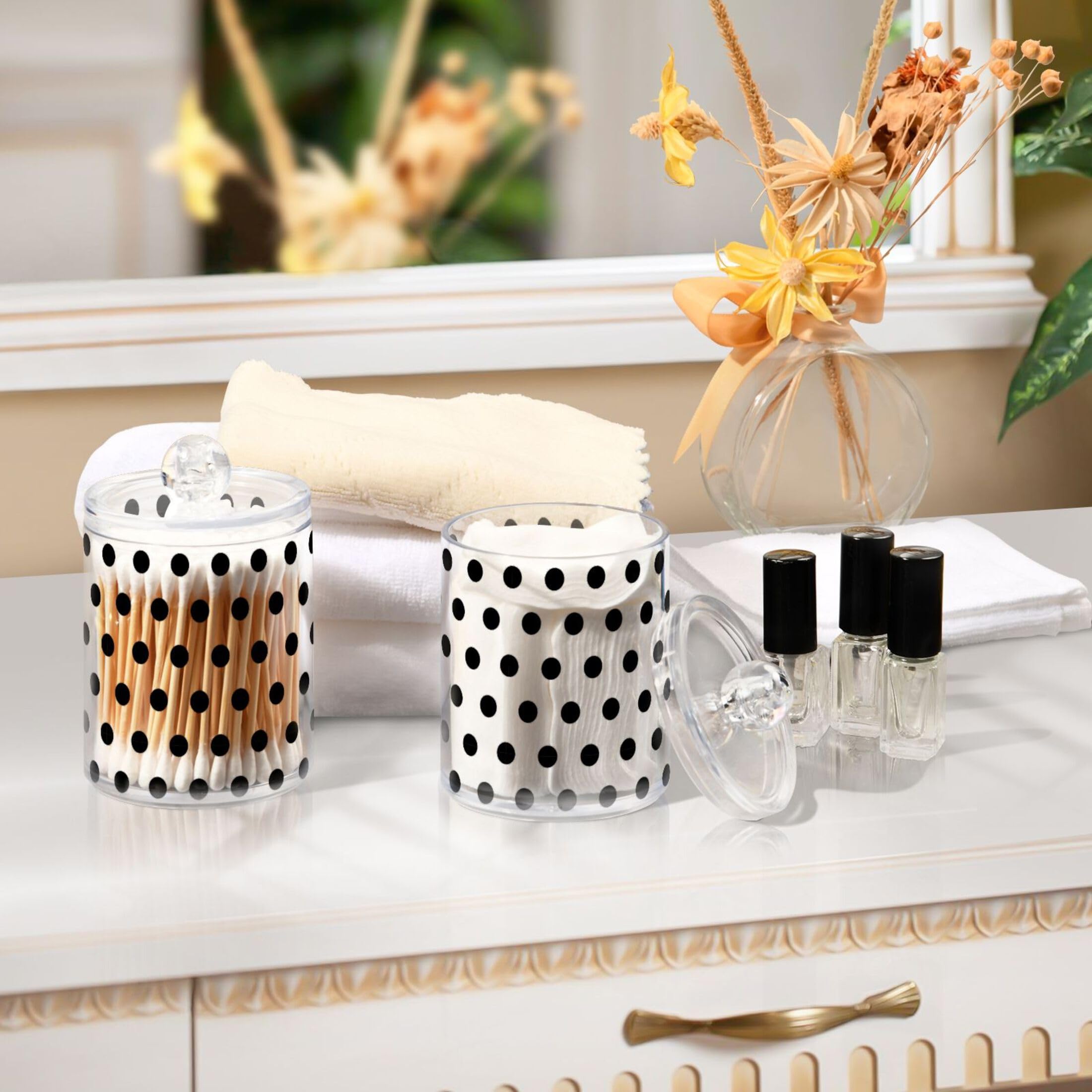 2 Pack Black Plastic Q-Tip Holders with Lids - Bathroom Organizer Canisters for Cotton Balls, Swabs, Pads & Dental Floss - Vanity Storage Jars for Countertop, Medicine Cabinet & Makeup Table Organization
