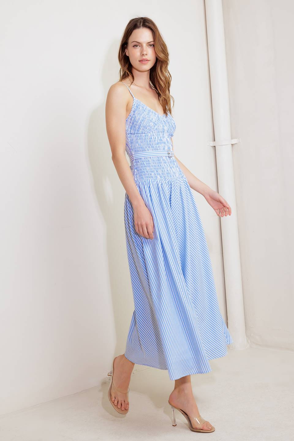 JOURNI Women's Striped Midi Dress - Blue & White Casual Summer Dress for Beach, Vacation & Everyday Wear