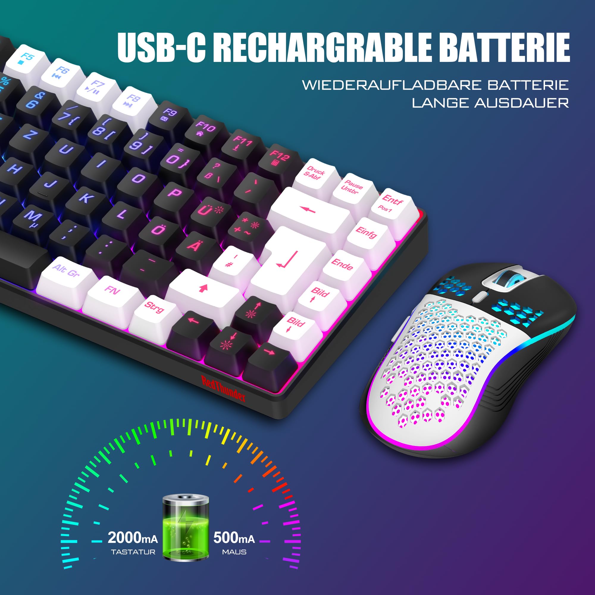 RedThunder K84 Wireless Gaming Keyboard and Mouse Set - QWERTZ DE Layout, Rechargeable, Compact & Ultra-Light Honeycomb Design for PC, Mac, PS5, Xbox - Perfect for Gaming, Office Work & Streaming (2024 Version)
