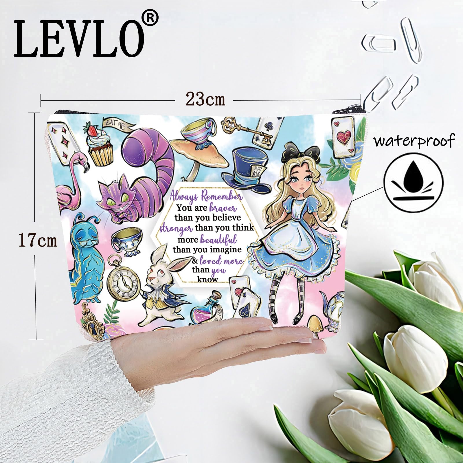 LEVLO Alice in Wonderland Cosmetic Bag - Cute Makeup Pouch for Fairy Tale Fans, Perfect Gift for Alice Lovers - Use for Travel, School, or Daily Essentials Storage
