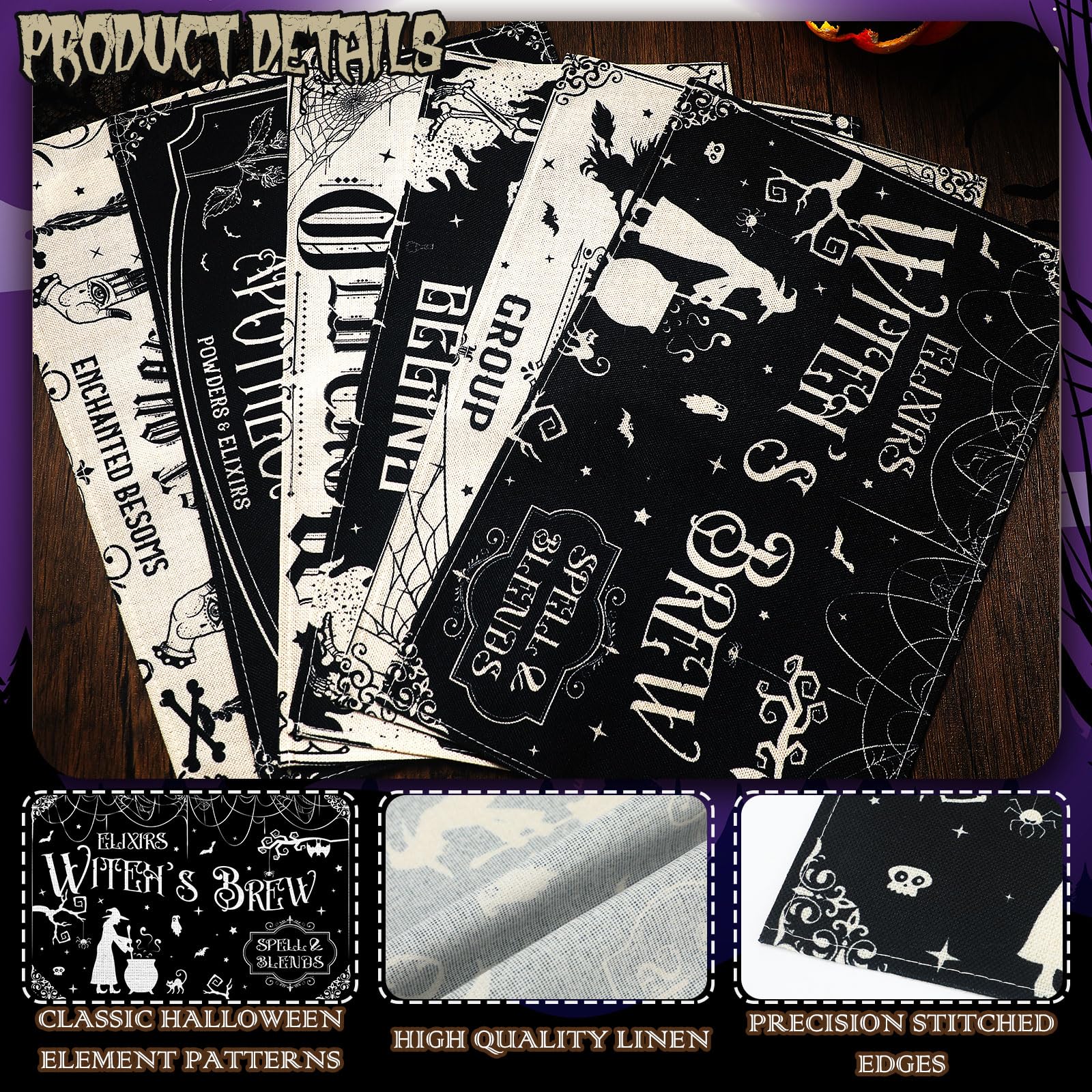 Umigy 6-Pack Gothic Bat Halloween Placemats 12x18 Inches - Washable Skull & Witch Themed Table Mats for Spooky Dining Decor, Kitchen & Party Accessories (Black & White Character Design) - Perfect for Halloween Parties, Themed Dinners & Gothic Home Decor