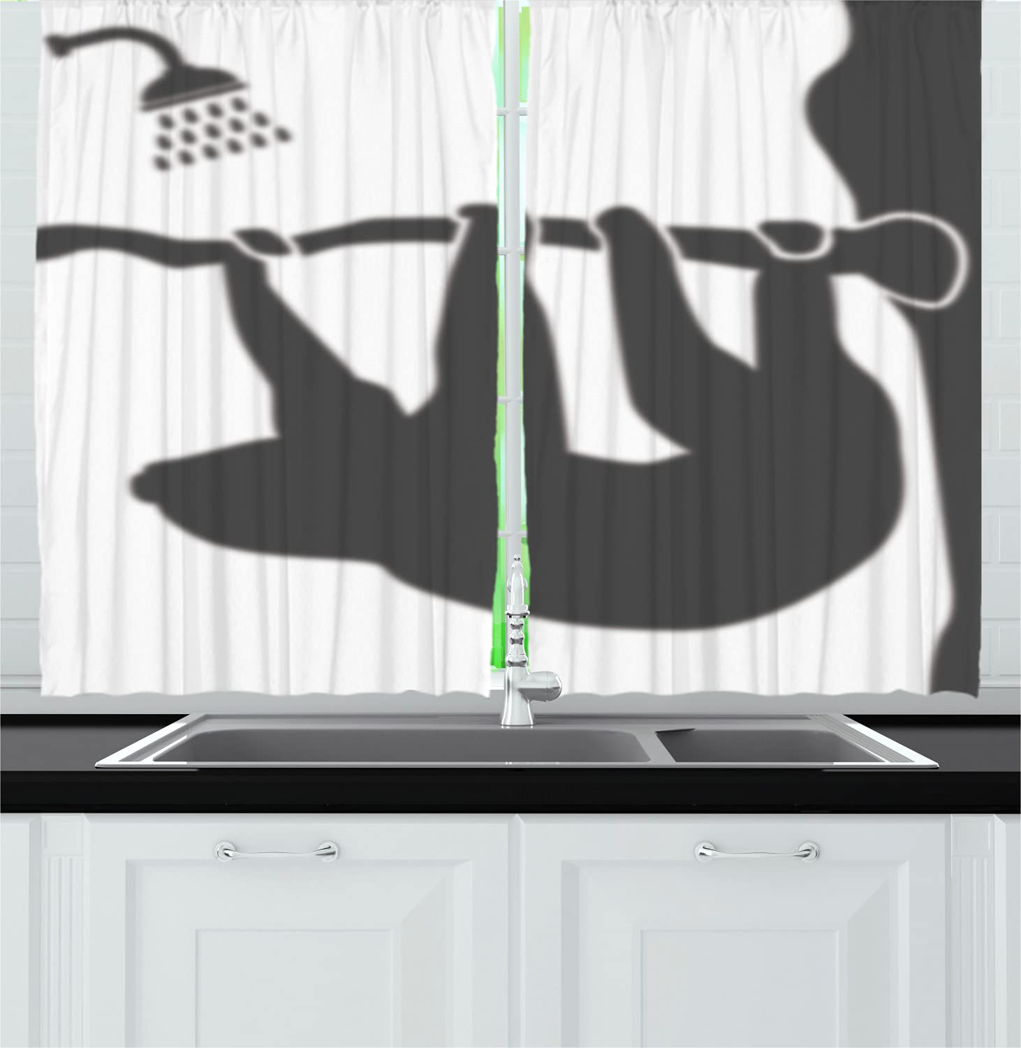 Ambesonne Sloth Kitchen Curtains - Funny Animal Silhouette Forest Design, 2 Panel Rod Pocket Drapes 55