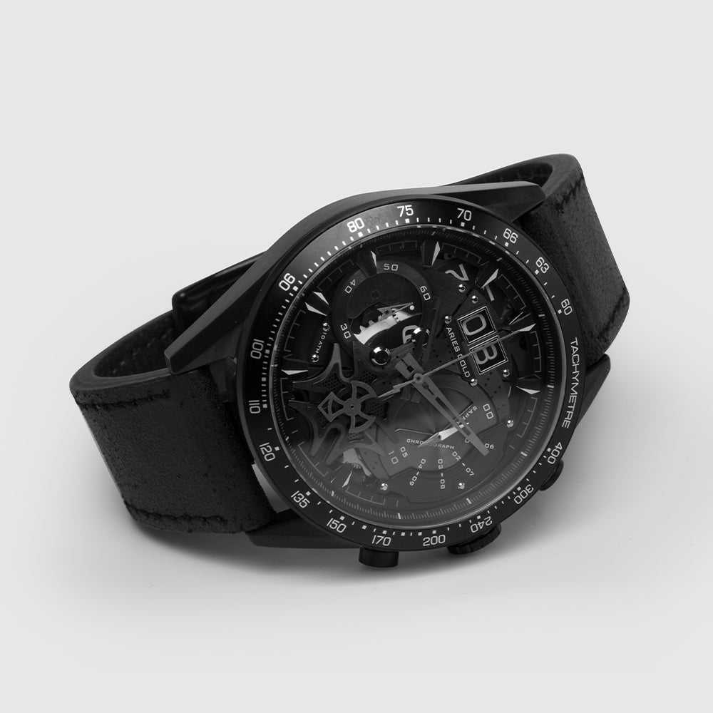 ARIES GOLD Chronograph Men's Watch - Black Stainless Steel Case & Leather Strap - Water Resistant - Perfect for Business, Casual & Formal Occasions