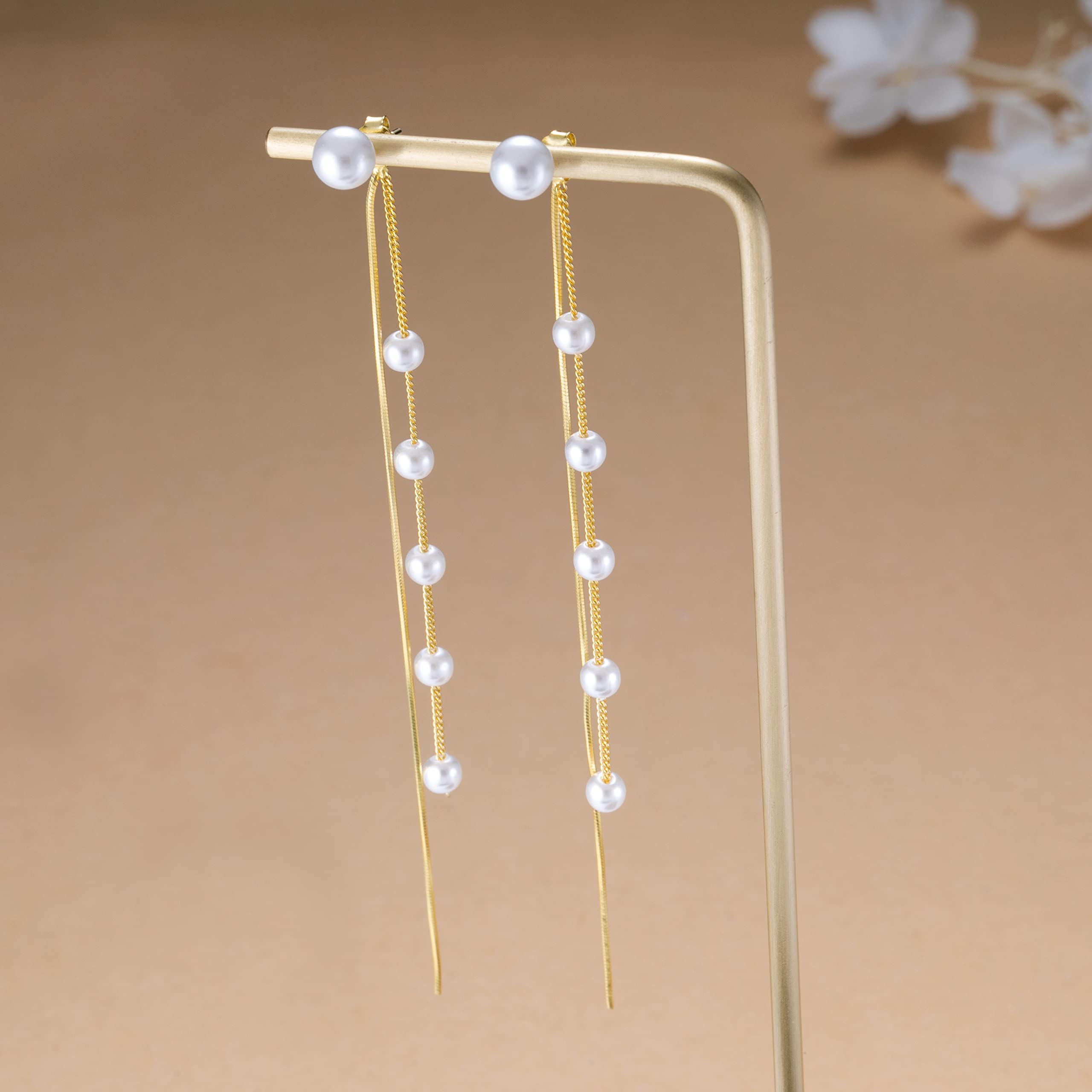 SLUYNZ 925 Sterling Silver Simulated Shell Pearl Dangle Earrings for Women - Elegant Long Chain Tassel Earrings for Wedding, Party & Formal Occasions