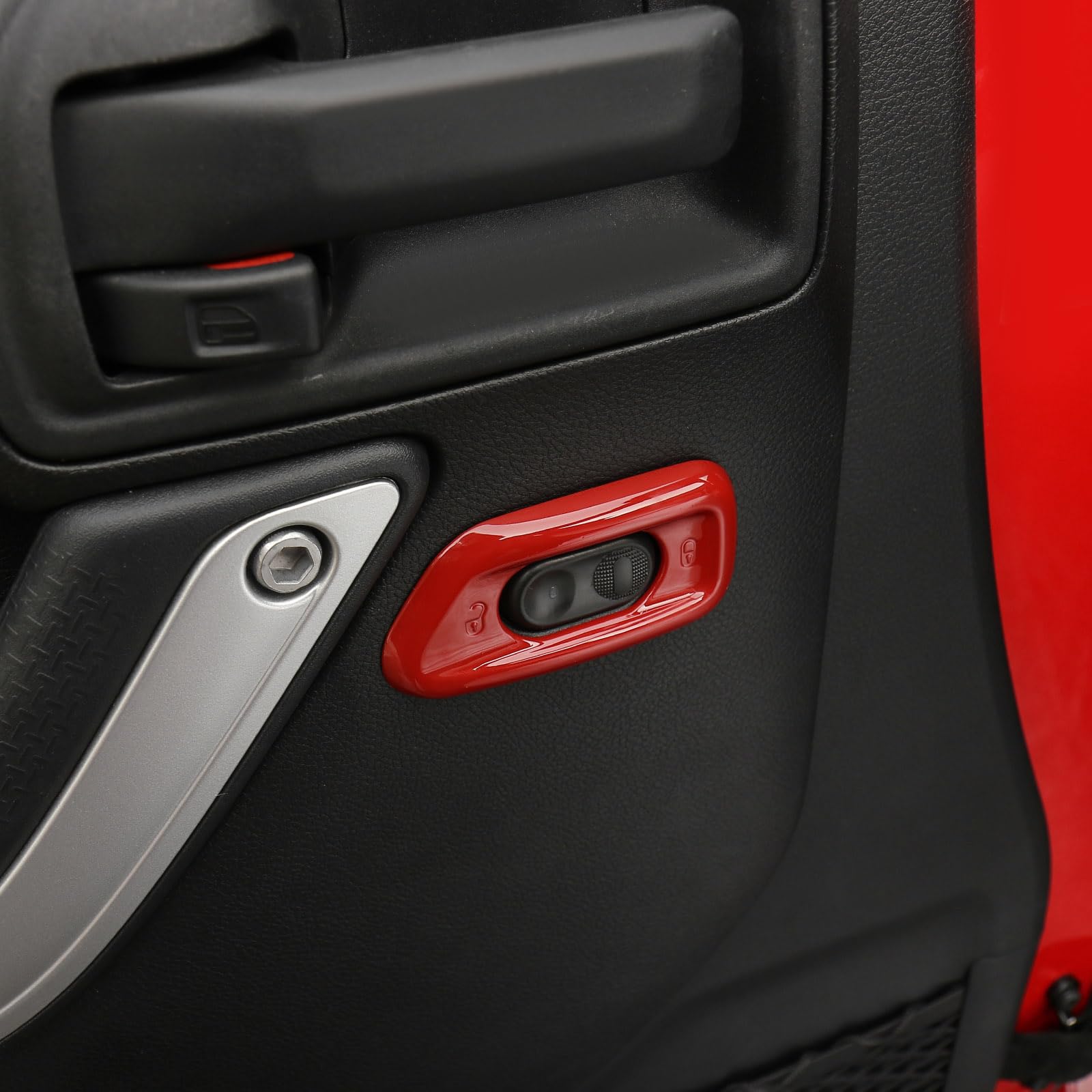 Jeep Wrangler JK JKU Door Lock Switch Cover Trim Bezel - Red Interior Accessories (2011-2017) - 2pcs Set - Upgrade Your Jeep's Interior Style for Off-Road Adventures & Daily Driving