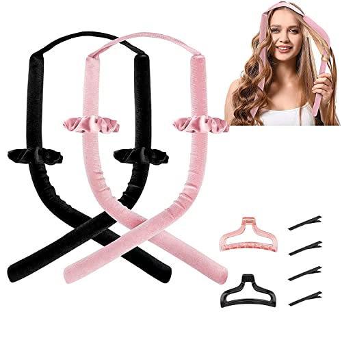Heatless Curling Rod Headband Set - 2Pcs No Heat Hair Curlers for Long Hair with Hair Clips & Scrunchie | Overnight Sleeping Hair Rollers | Safe Foam Ribbon Curling Kit for Women & Girls | Perfect for Bedtime Styling & Next-Day Waves