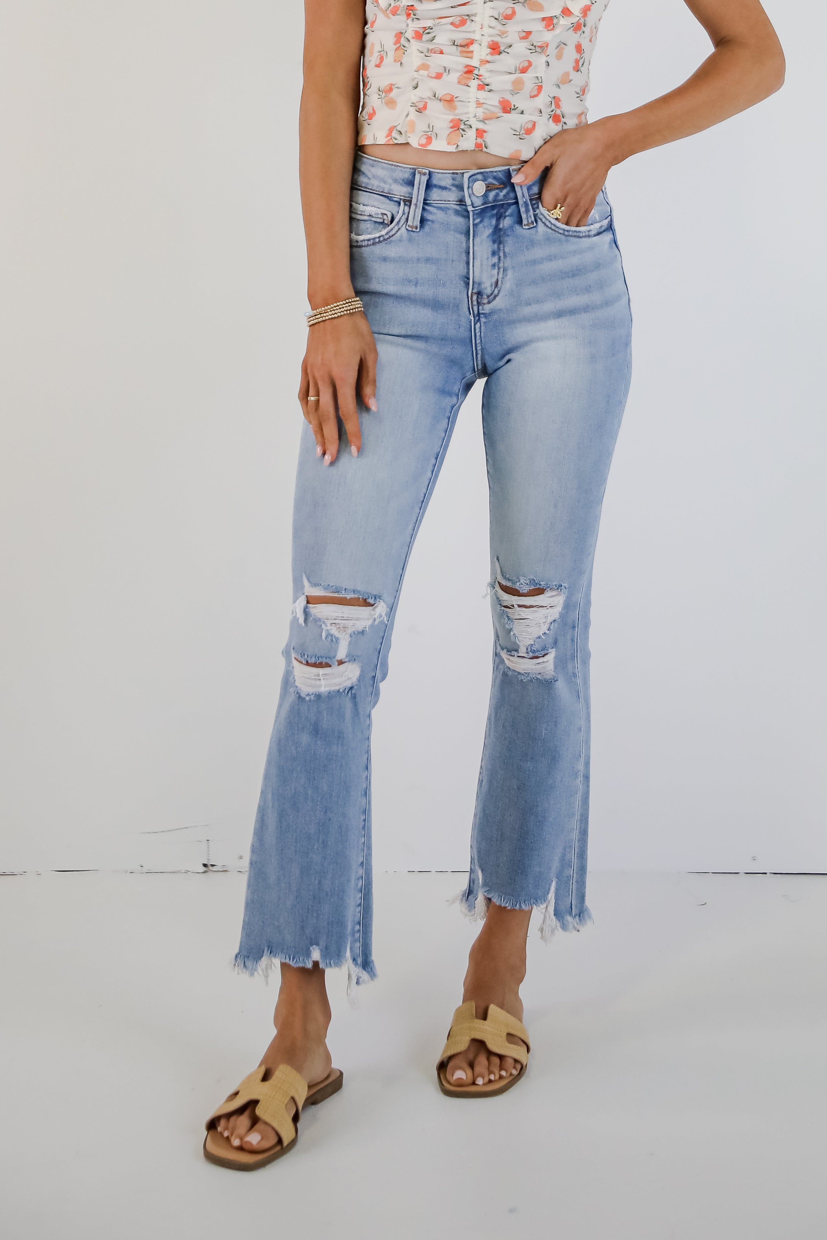 Cindy Light Wash Distressed Crop Flare Jeans for Women - Vintage High Waisted Stretch Denim Pants - Perfect for Casual Outfits, Streetwear & Retro Fashion