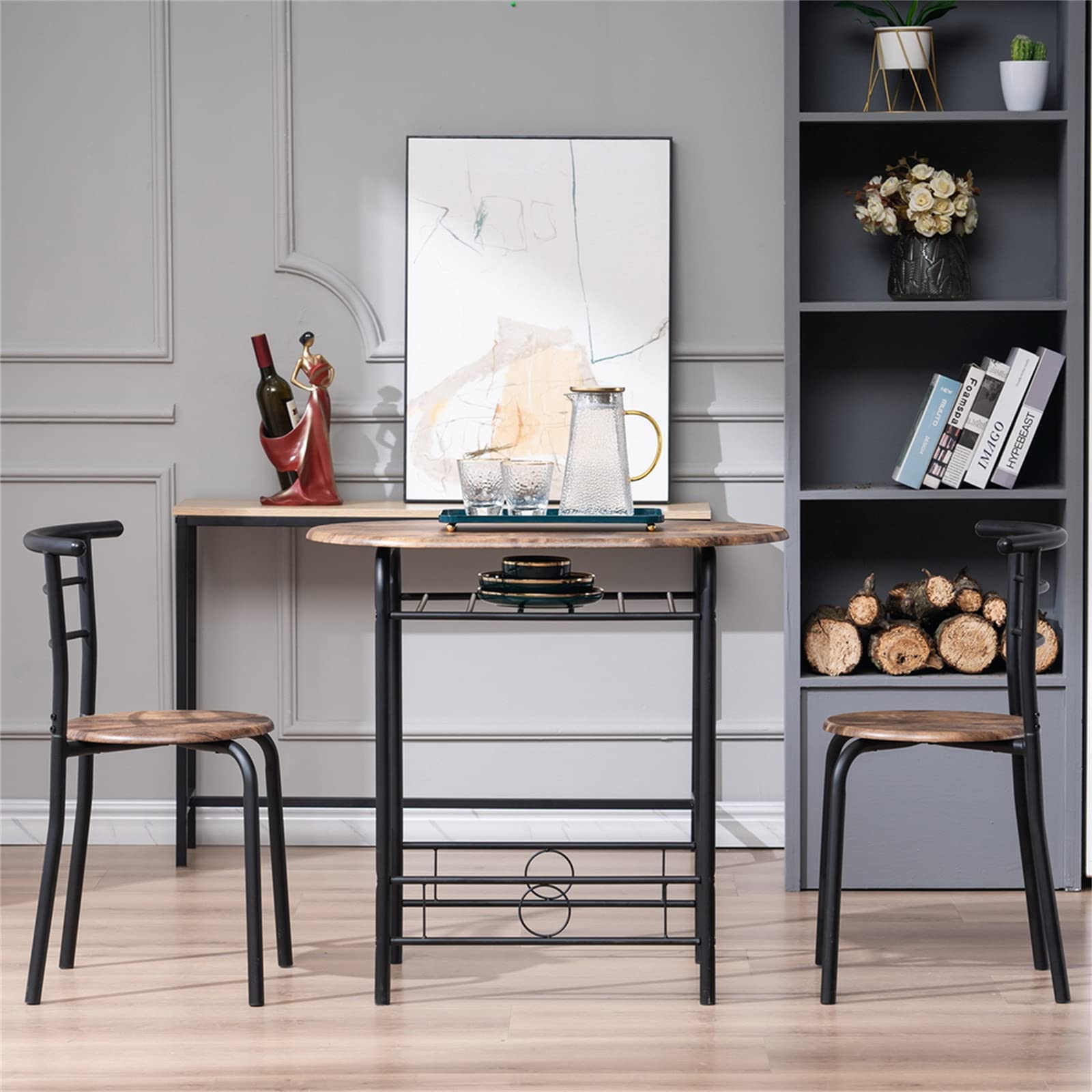 Compact 3-Piece Round Kitchen Table Set for 2 - Small Space Dining Table with 2 Chairs & Wine Rack - Perfect for Breakfast Nooks, Studio Apartments, and Cozy Home Decor (Black)